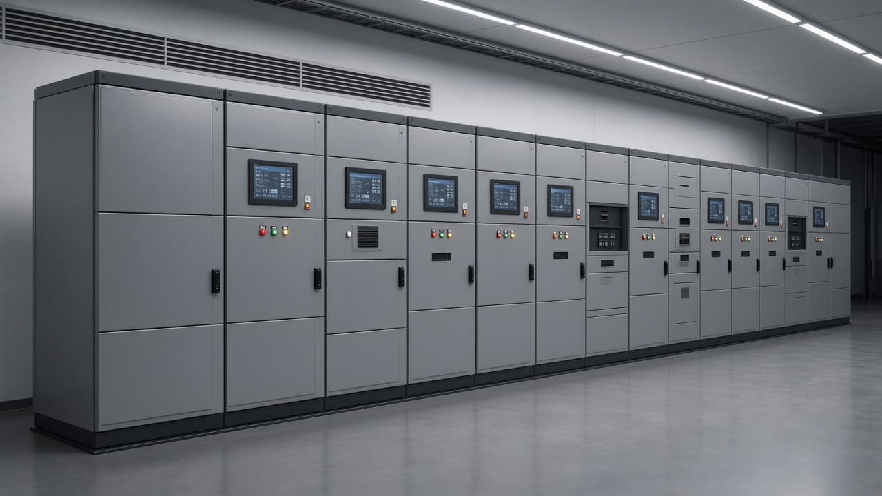 Row of grey medium-voltage switchgear cabinets with small status screens in a clean electrical room
