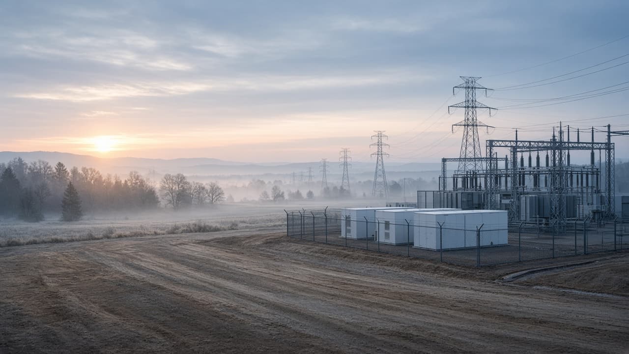 Illustration of a few battery containers beside a substation, next to a large empty graded field at dawn.