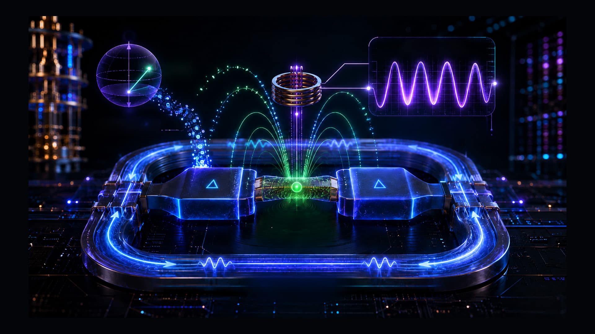 Illustration of an Andreev qubit readout concept: a nanowire between two superconductors, a SQUID coil and a signal trace