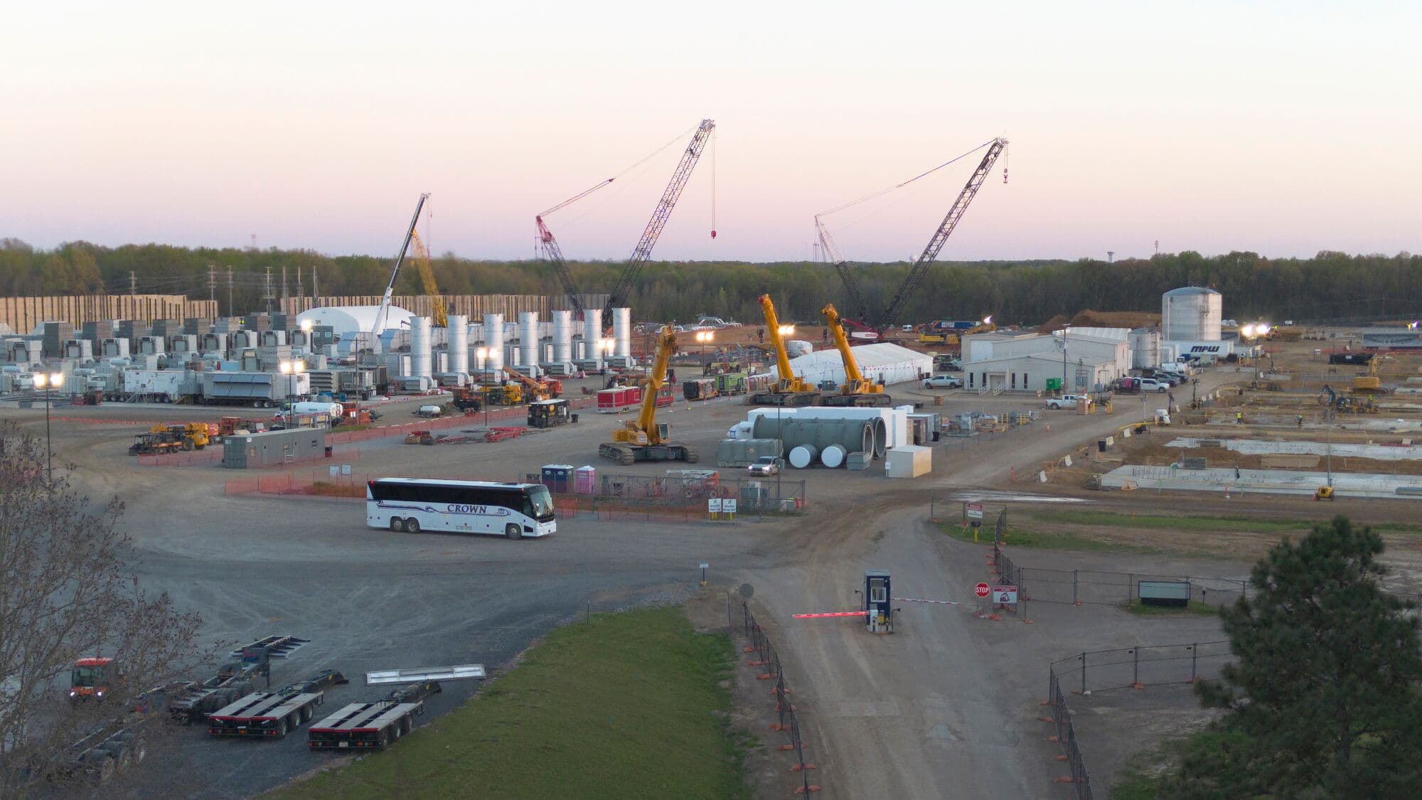 Gas turbines, exhaust stacks and cranes at the Southaven, Mississippi site powering xAI's COLOSSUS II data center