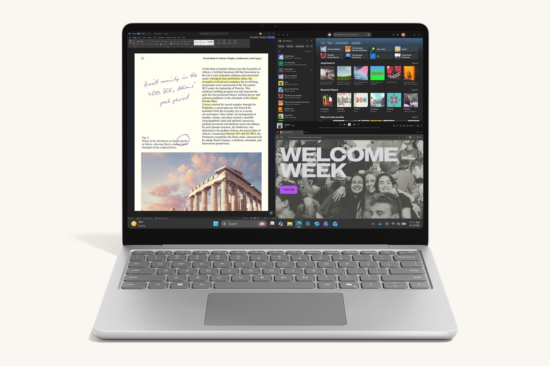 Microsoft Surface Laptop 13 in platinum, open, seen from the front