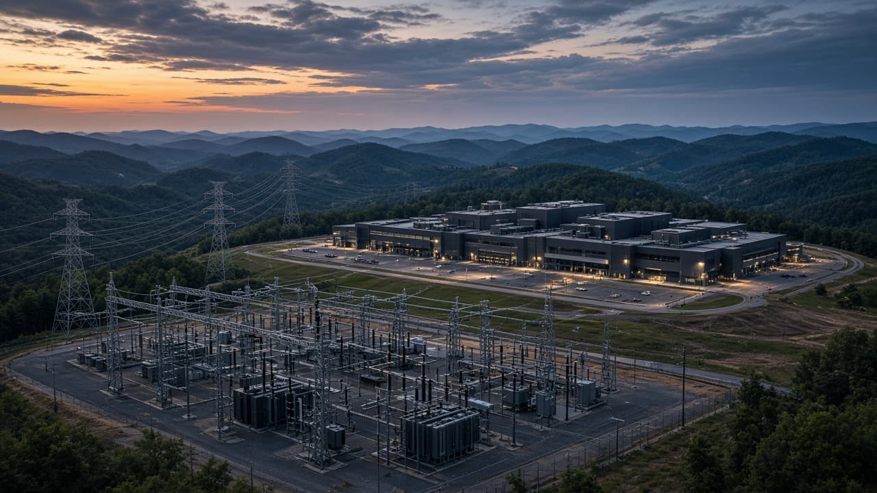 Substation and transmission towers in front of a lit data center campus in wooded hills at dusk