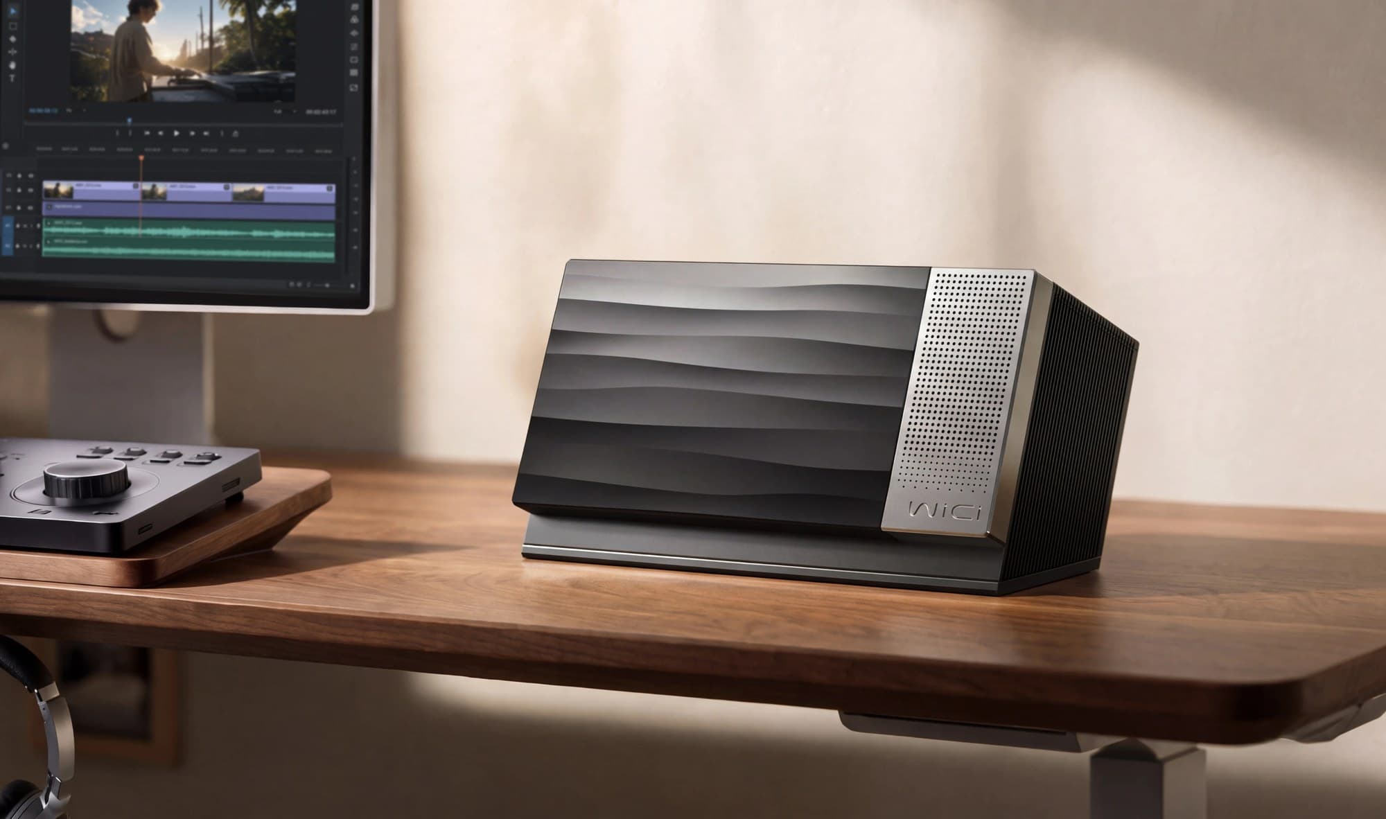 WiCi One, a dark box with a wave-textured front and silver speaker-style grille, standing on a wooden desk beside a monitor