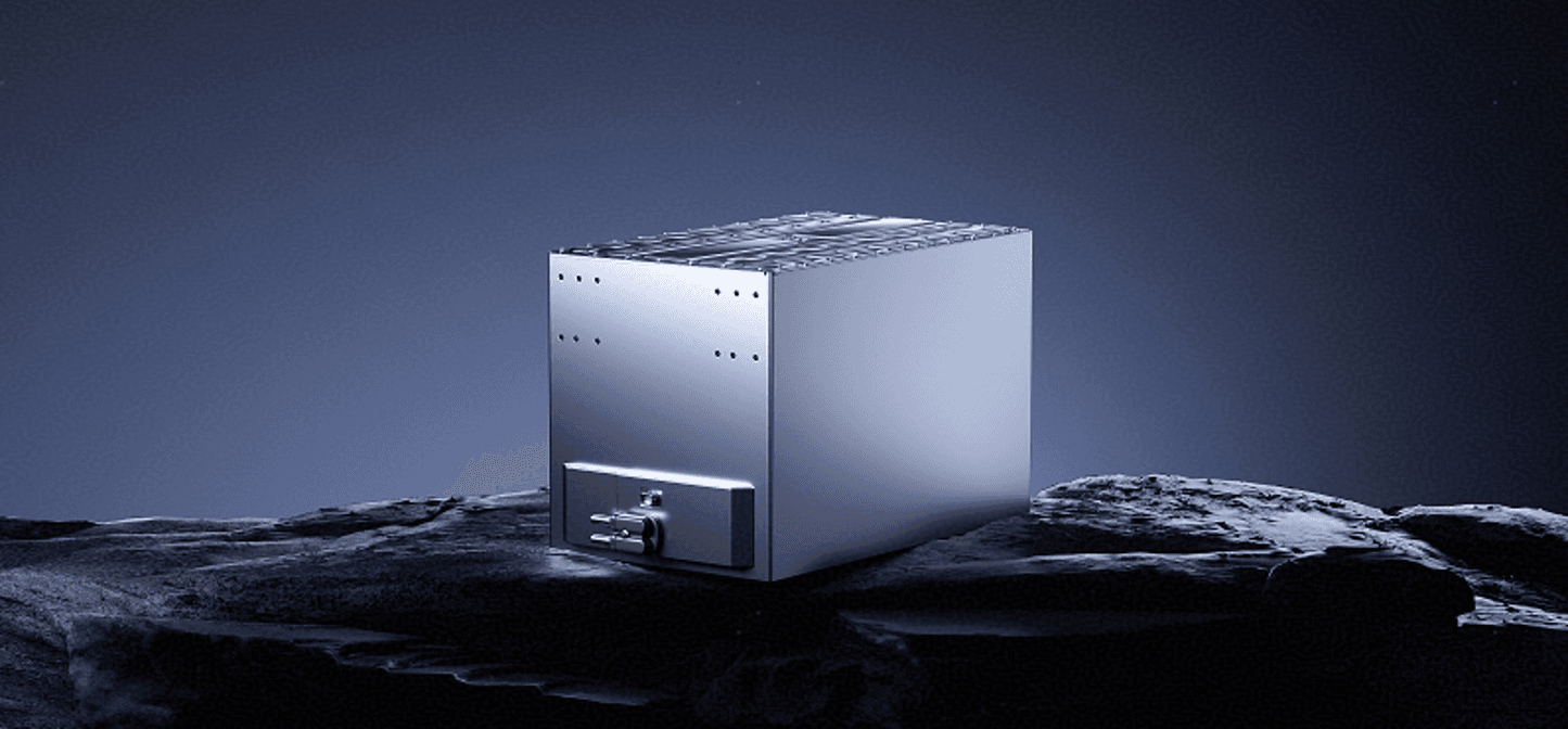A silver CATL commercial-vehicle battery pack on a dark rocky surface, a product render from the TECTRANS II launch