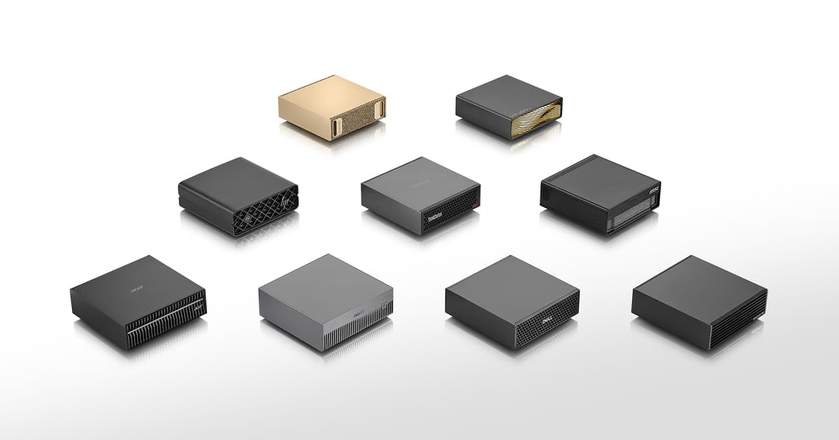 Nine DGX Spark-based mini desktop systems from NVIDIA and its partners arranged in a pyramid on a white background