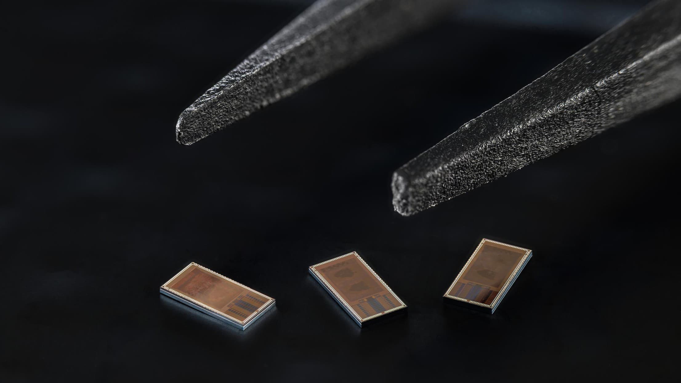 LogSync brain implant chips, each about 4 by 2 mm, lying on a dark surface below two tweezer tips, from EPFL