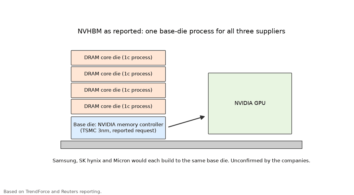 Diagram: DRAM core dies stacked on a base die holding NVIDIA's memory controller, reportedly made on TSMC 3nm, beside a GPU