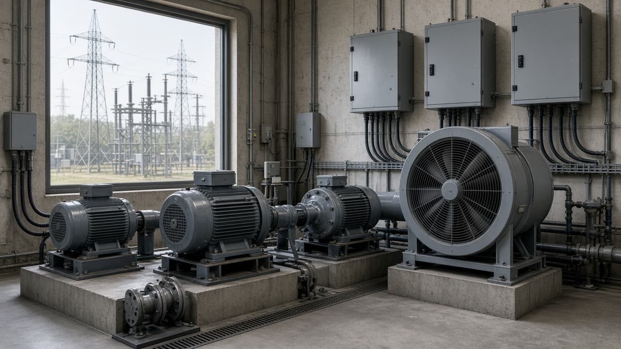 Industrial motors driving pumps and a fan, each wired to a wall-mounted drive controller