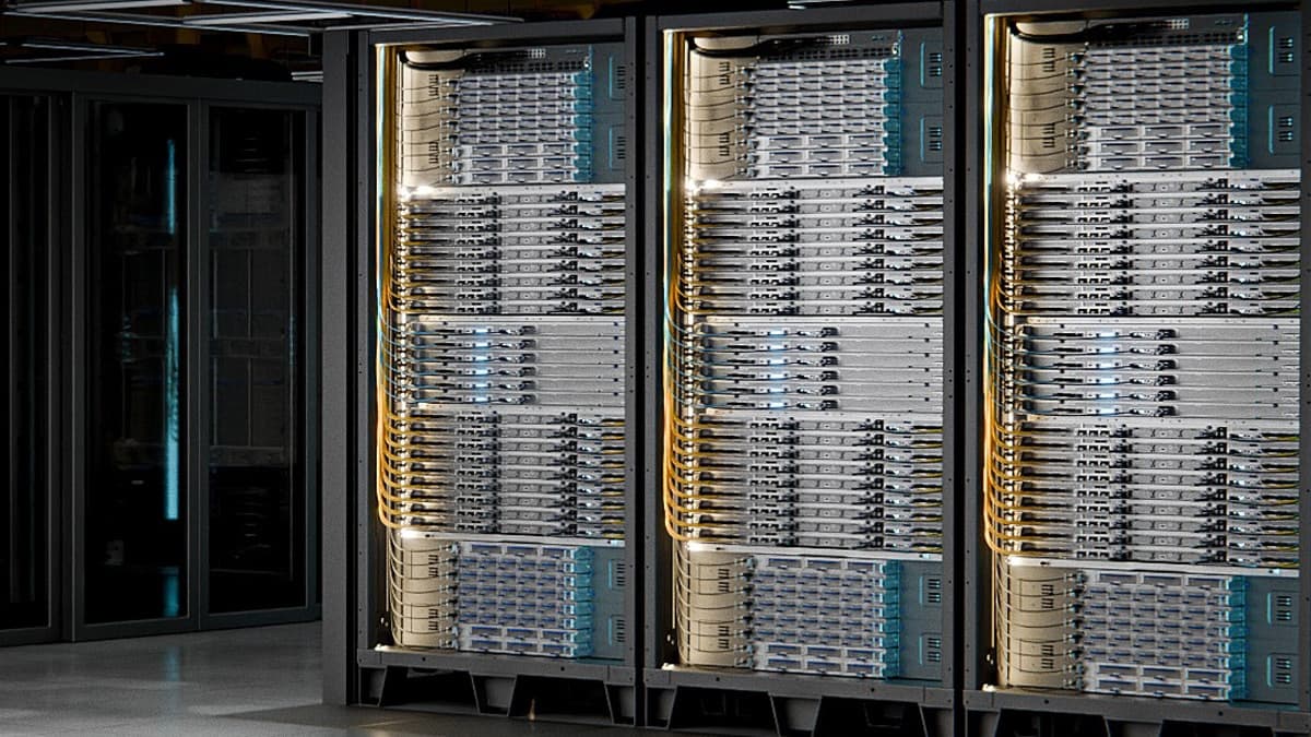 Three AMD Helios rack-scale systems in a data center hall, from AMD's Instinct MI455X product page