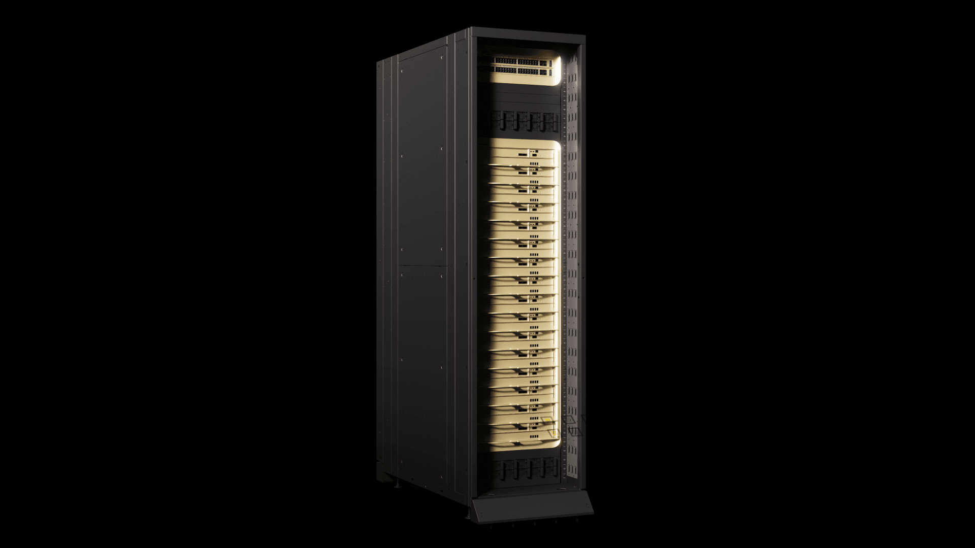 NVIDIA Groq 3 LPX rack with stacked compute trays inside a black server cabinet