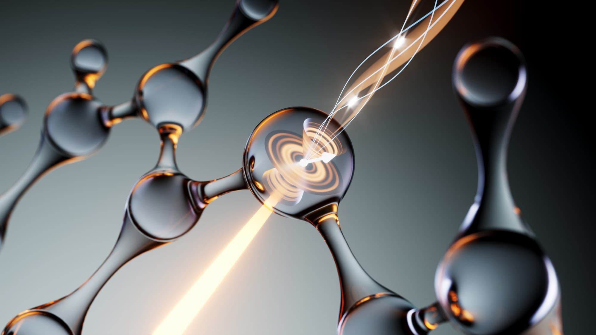 Illustration of glass-like molecules with a glowing spin-photon interface in one molecule, from NVision's Nature paper post