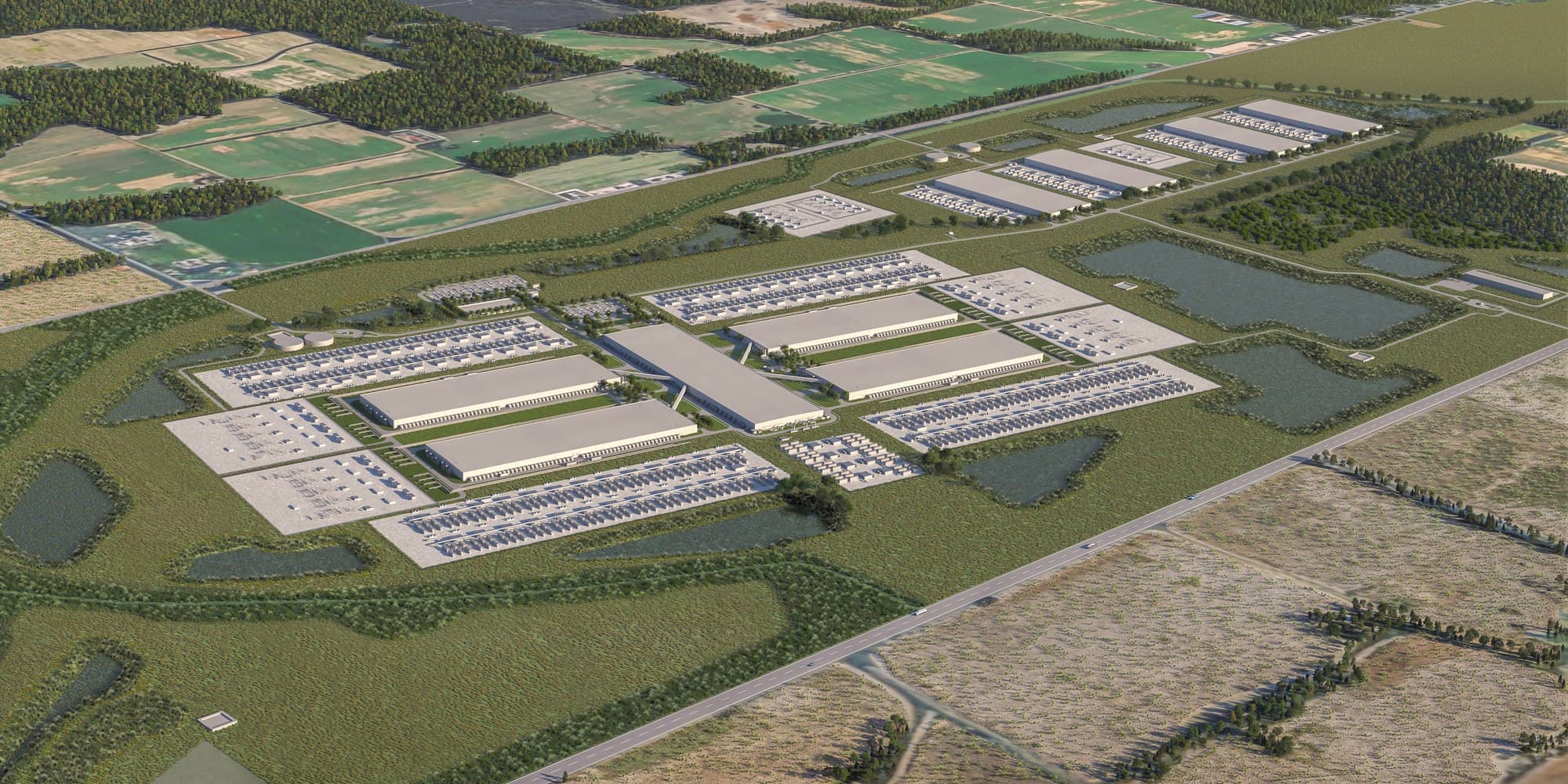 Aerial rendering of Meta's Richland Parish data center campus in Louisiana, with data halls, substations and ponds