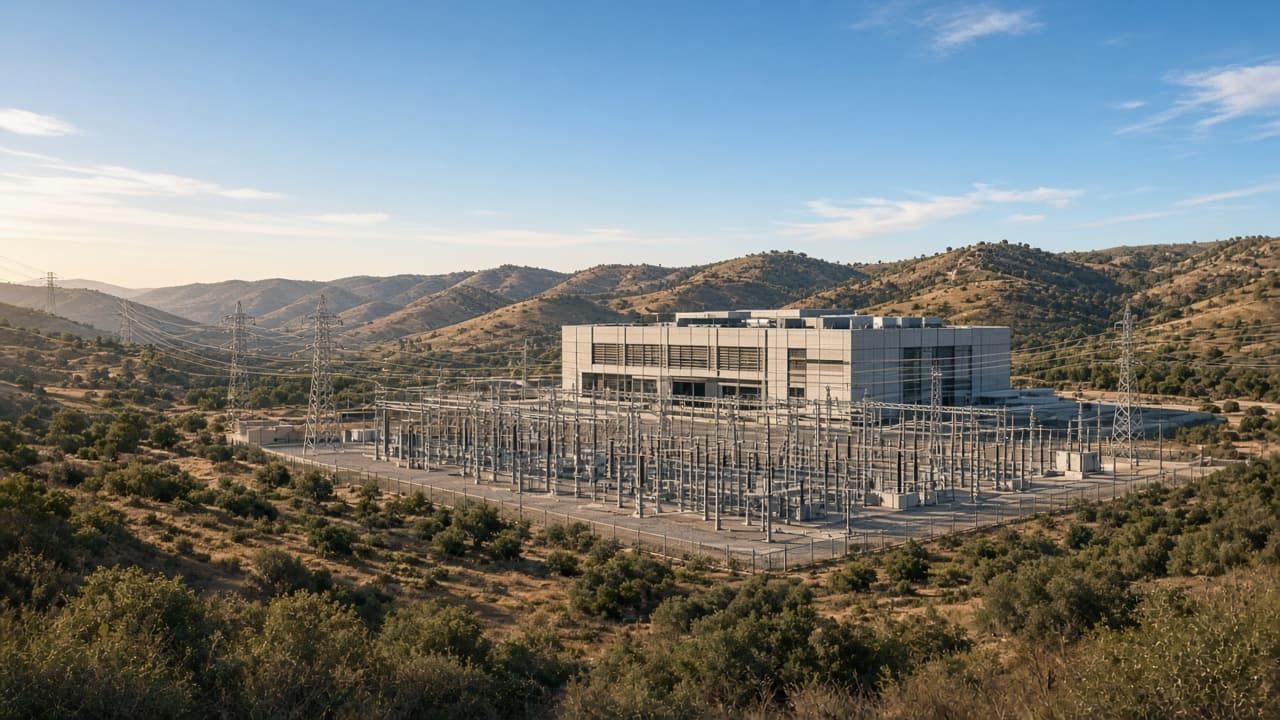 Modern data center building behind a substation and transmission towers in dry Mediterranean hills