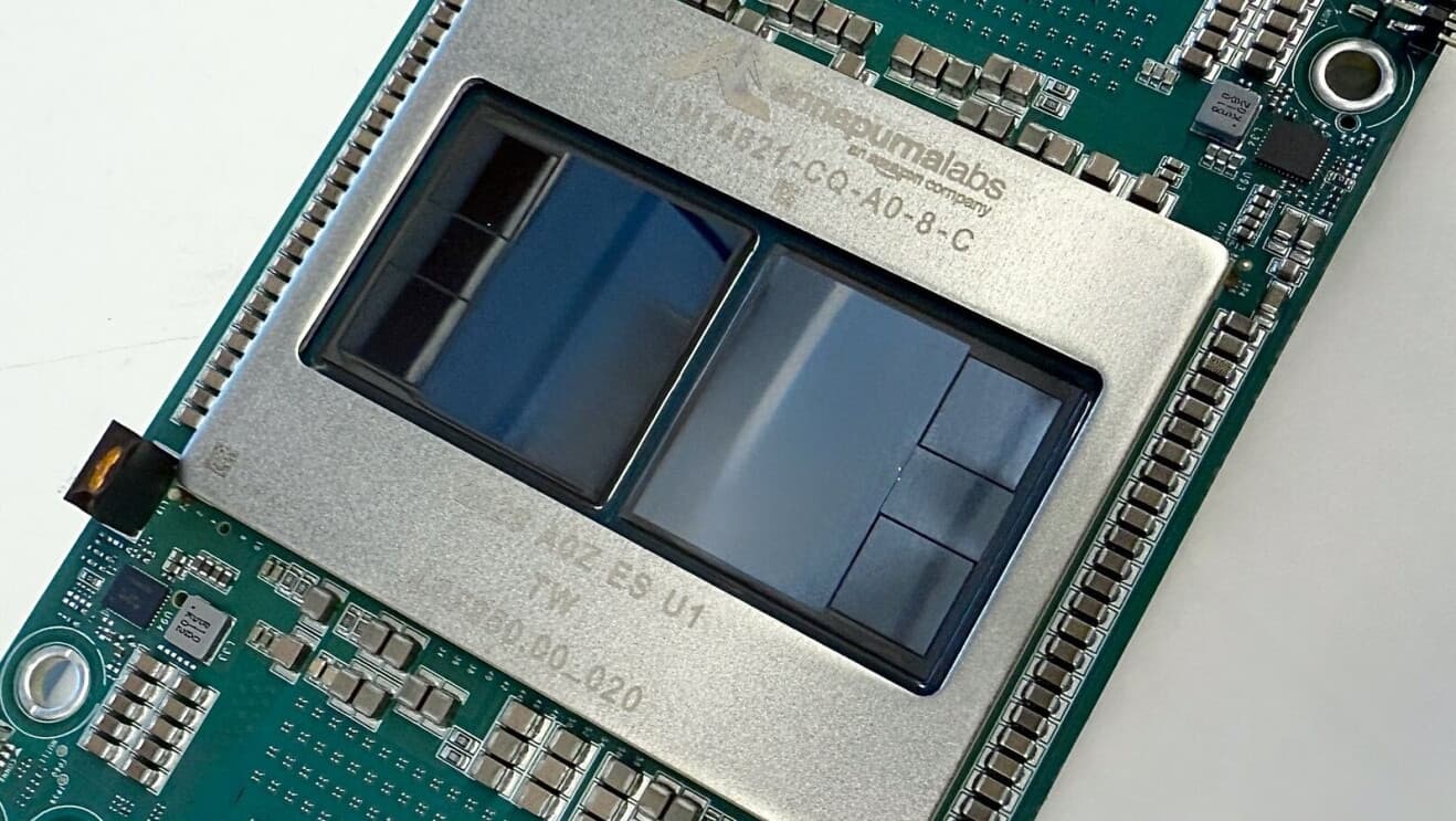 Close-up of an AWS Trainium chip package on a circuit board, marked Annapurna Labs, an Amazon company