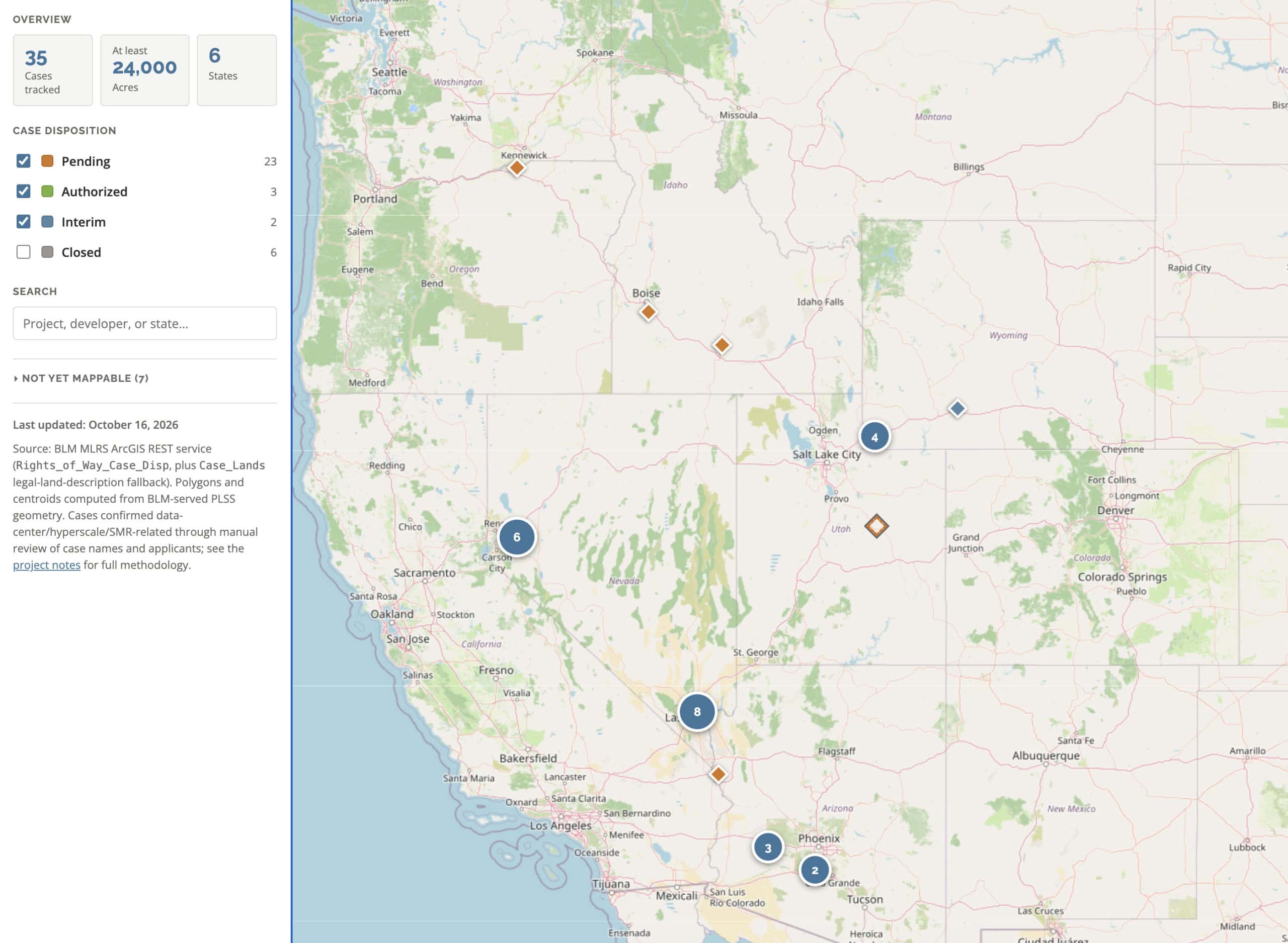 Center for Western Priorities tracker map of BLM data center cases: 35 cases, at least 24,000 acres, six states