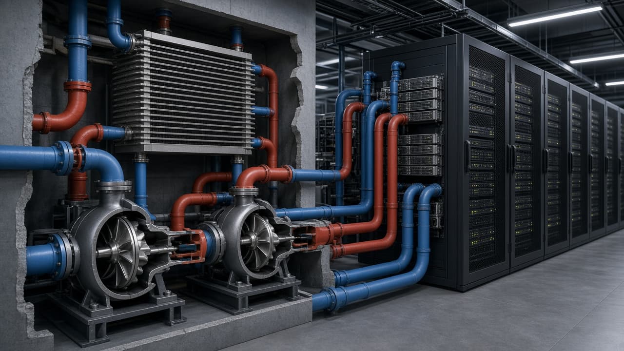 Cutaway of pumps, heat exchangers and coolant pipes feeding dense GPU server racks
