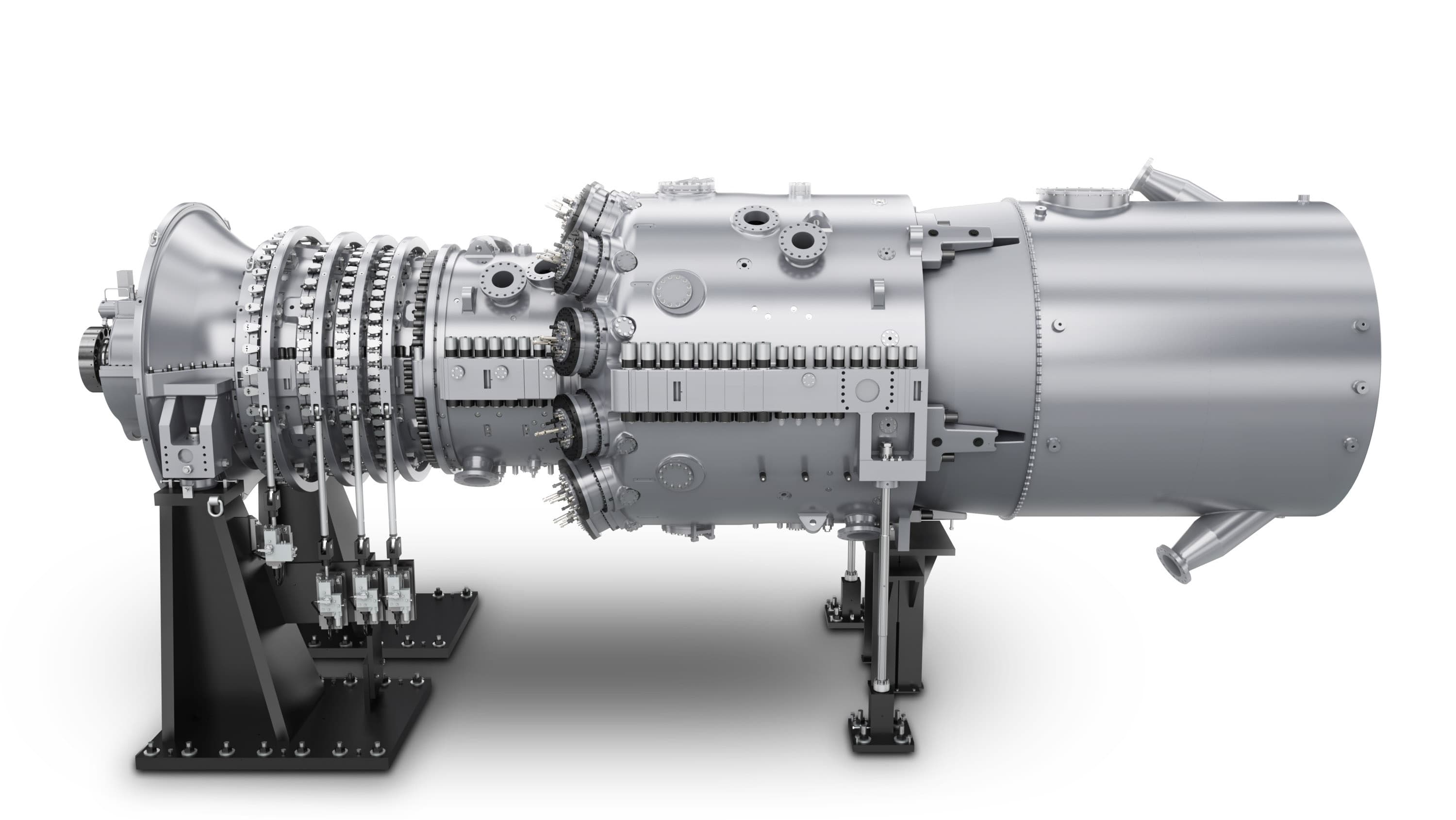Siemens Energy gas turbine of the kind used in combined-cycle power plants, shown in side view on a white background