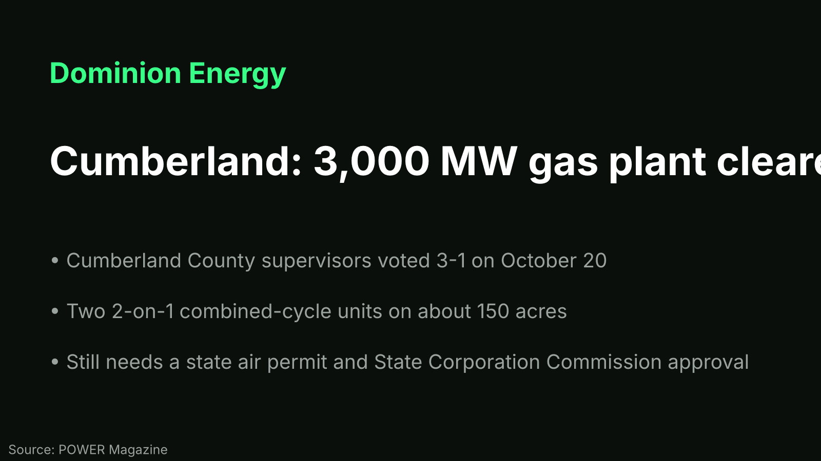 Key-facts card for Dominion Energy's 3,000 MW Cumberland gas plant approved by county supervisors