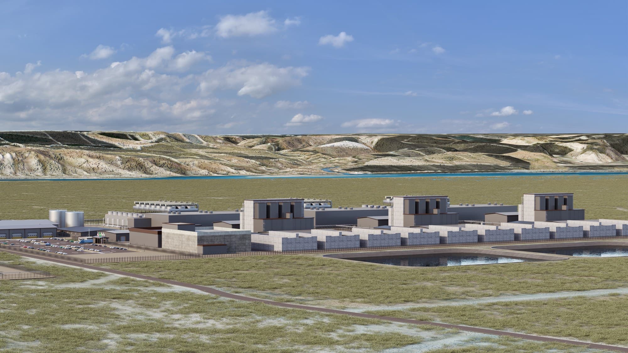 Concept rendering of the Cascade Advanced Energy Facility, three Xe-100 blocks beside the Columbia River near Richland, Washington