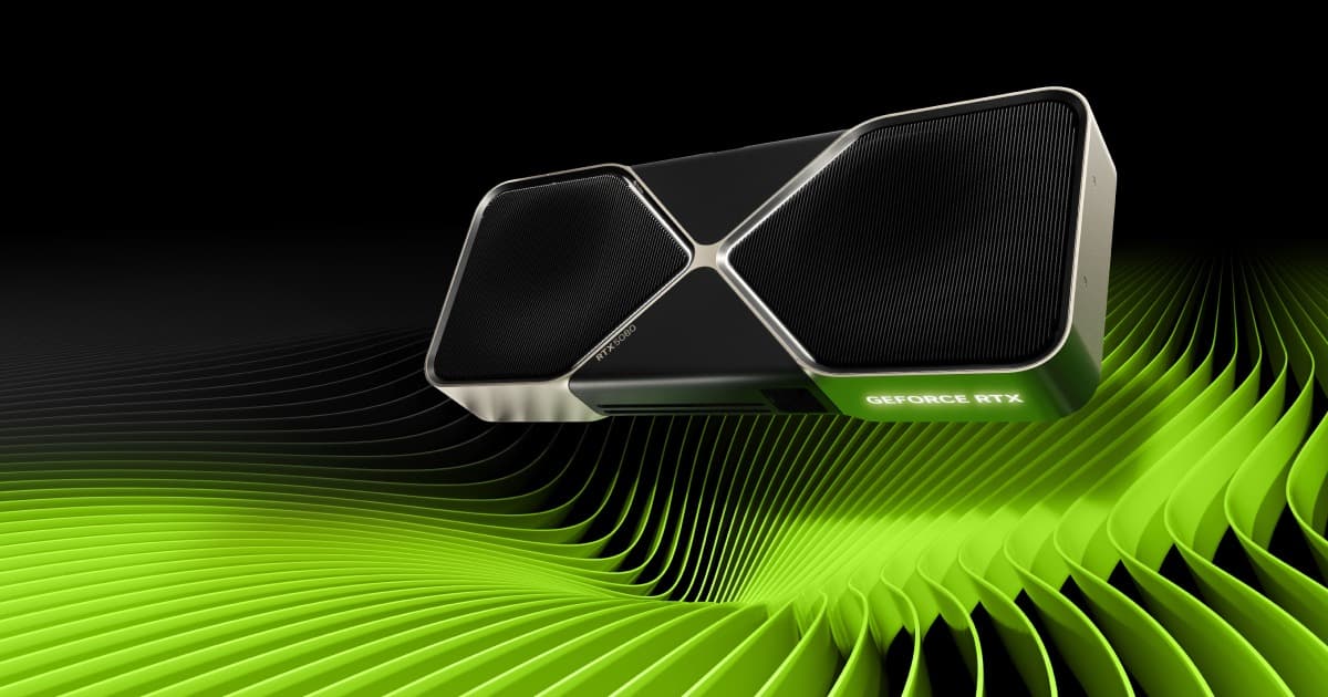 NVIDIA GeForce RTX 5080 Founders Edition graphics card floating above green ribbed waves on a black background