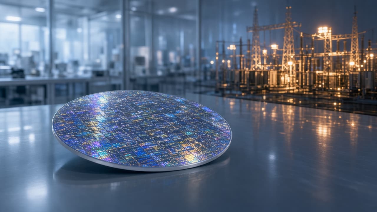 Unbranded silicon wafer on a cleanroom bench with a lit electrical substation in the background