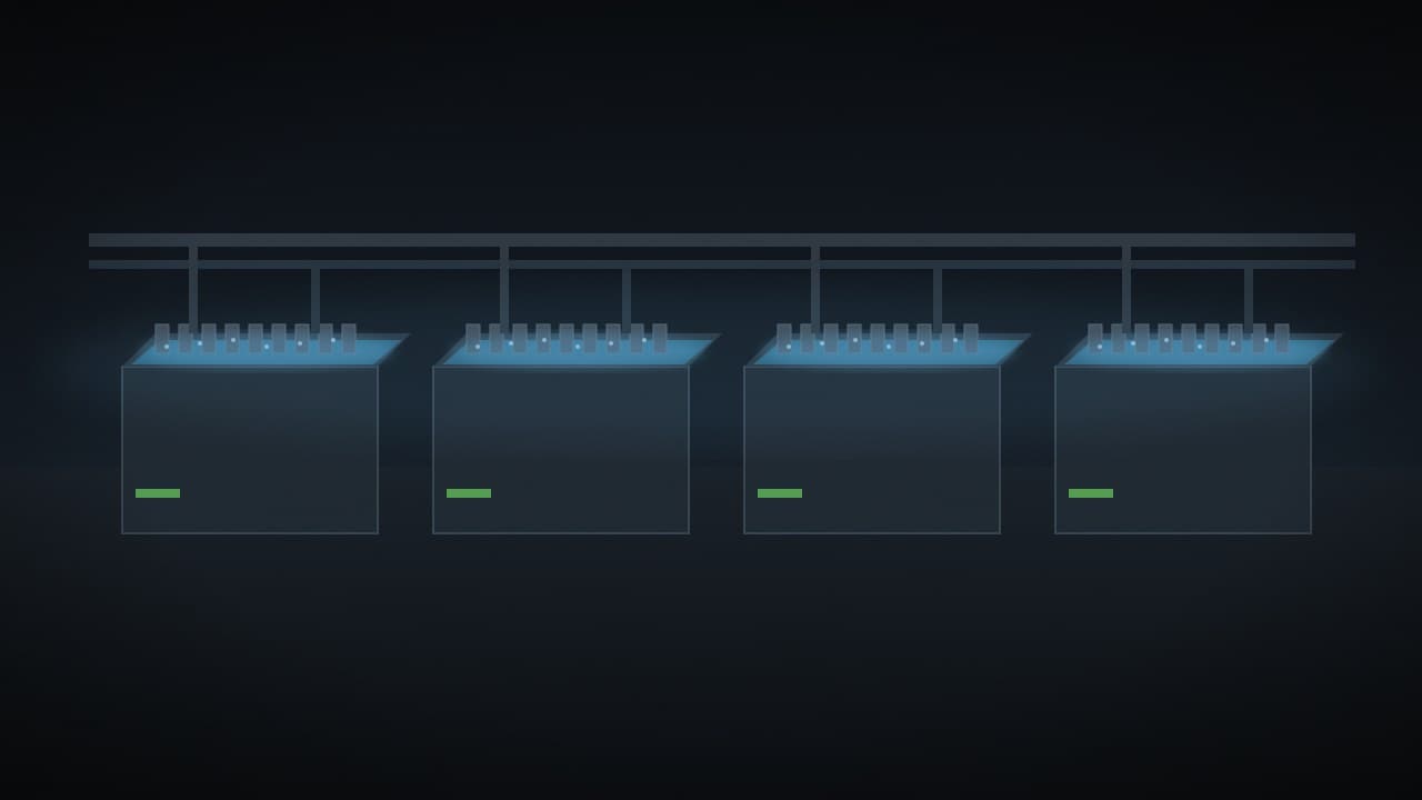 Illustration of a row of open immersion tanks with server blades standing in blue fluid under overhead coolant pipes.