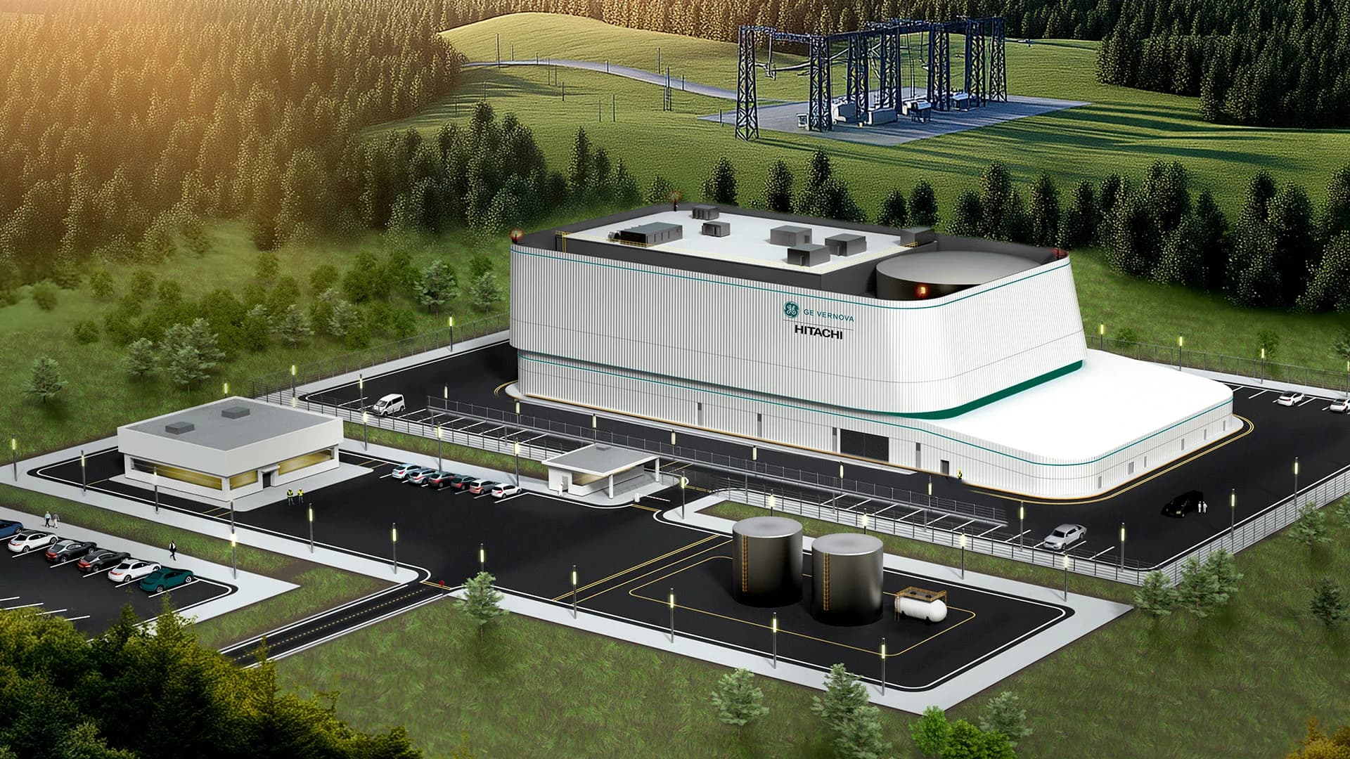 Rendering of a BWRX-300 small modular reactor building with GE Vernova Hitachi branding on a wooded site