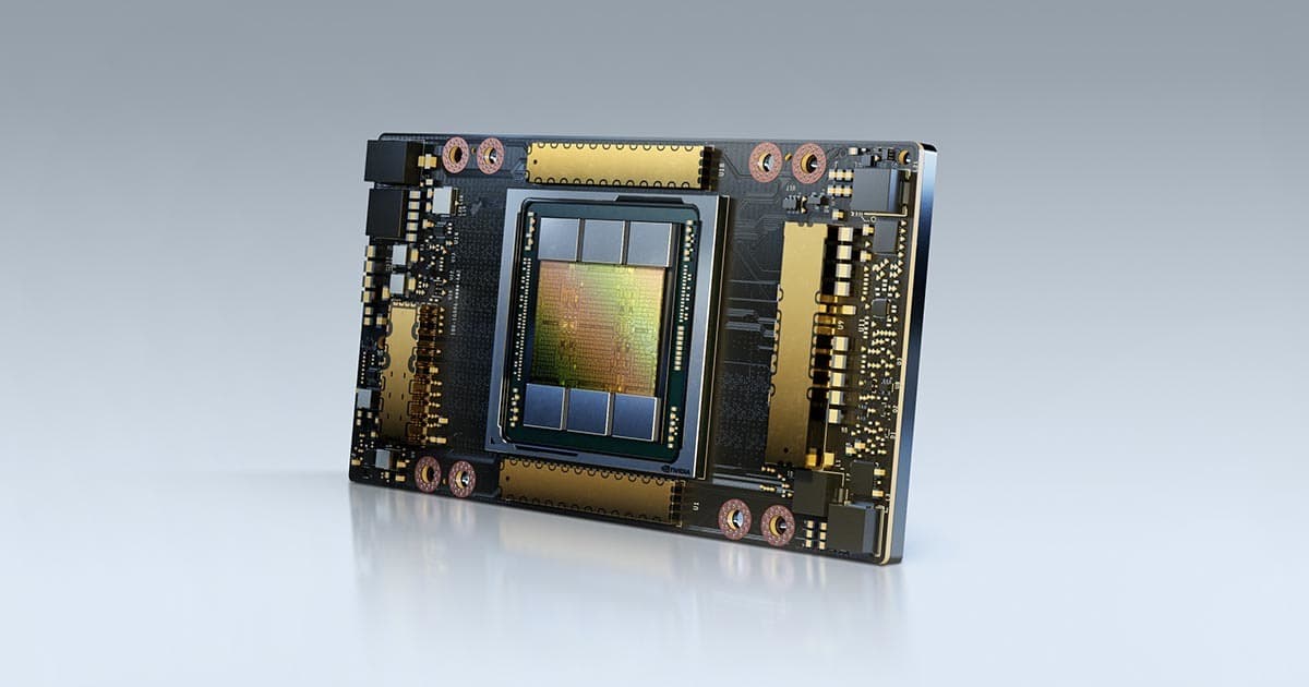 NVIDIA A100 accelerator board with its GPU package and memory stacks, the chip at the center of the used cluster listing
