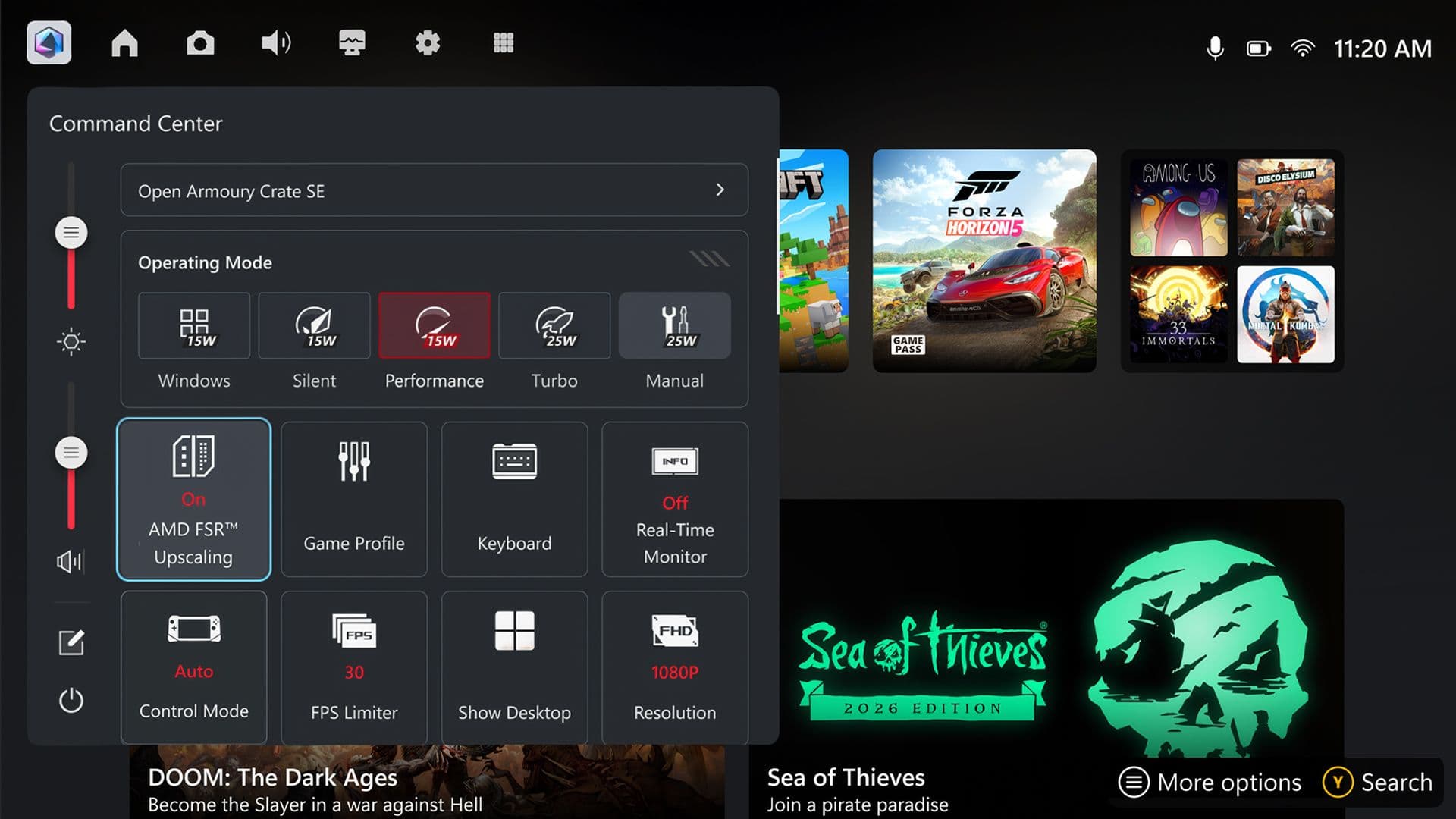 Command Center on the ROG Xbox Ally with the AMD FSR Upscaling tile switched on, in the Armoury Crate SE interface