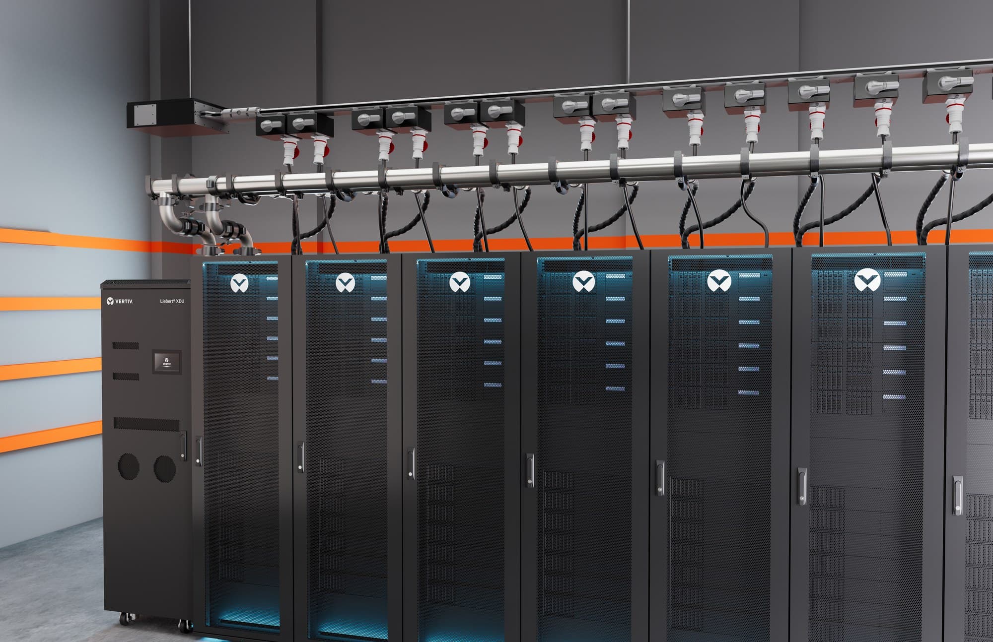 Row of black Vertiv liquid-cooled server racks with overhead coolant piping and a Liebert XDU cooling unit at the end