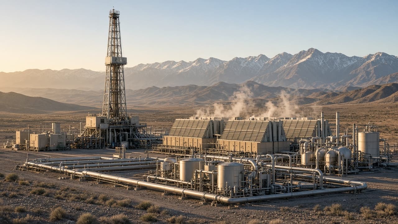 Geothermal power plant with pipes, cooling units and a drilling rig in a desert valley below mountains