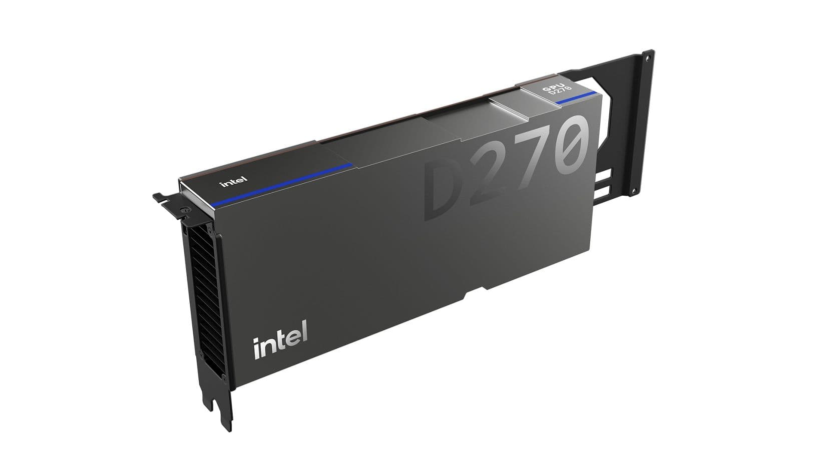 Intel GPU D270 PCIe accelerator card in a dark casing with Intel branding, shown in an Intel product render