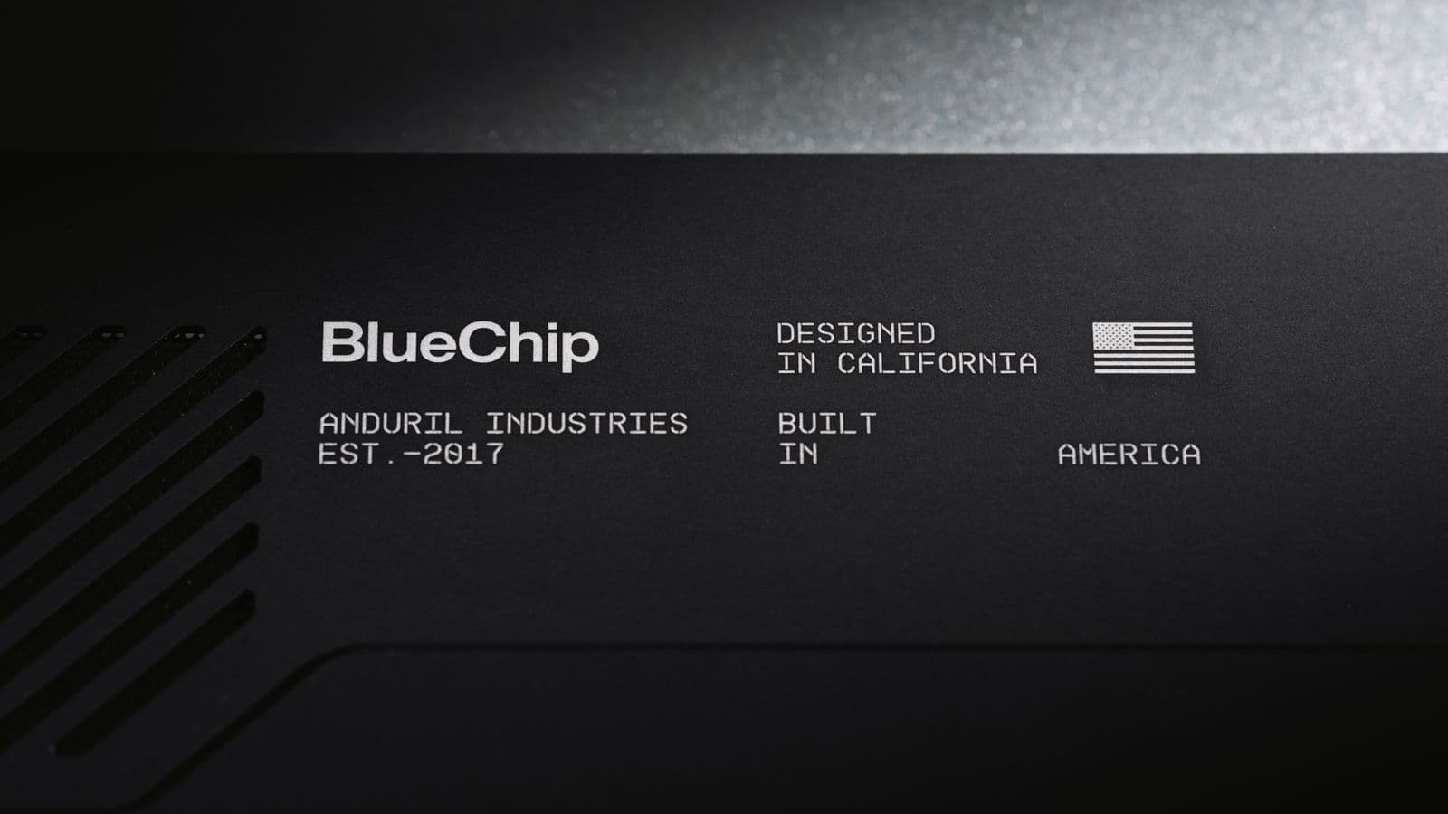Close-up of the Anduril BlueChip rugged laptop case, marked Designed in California, Built in America