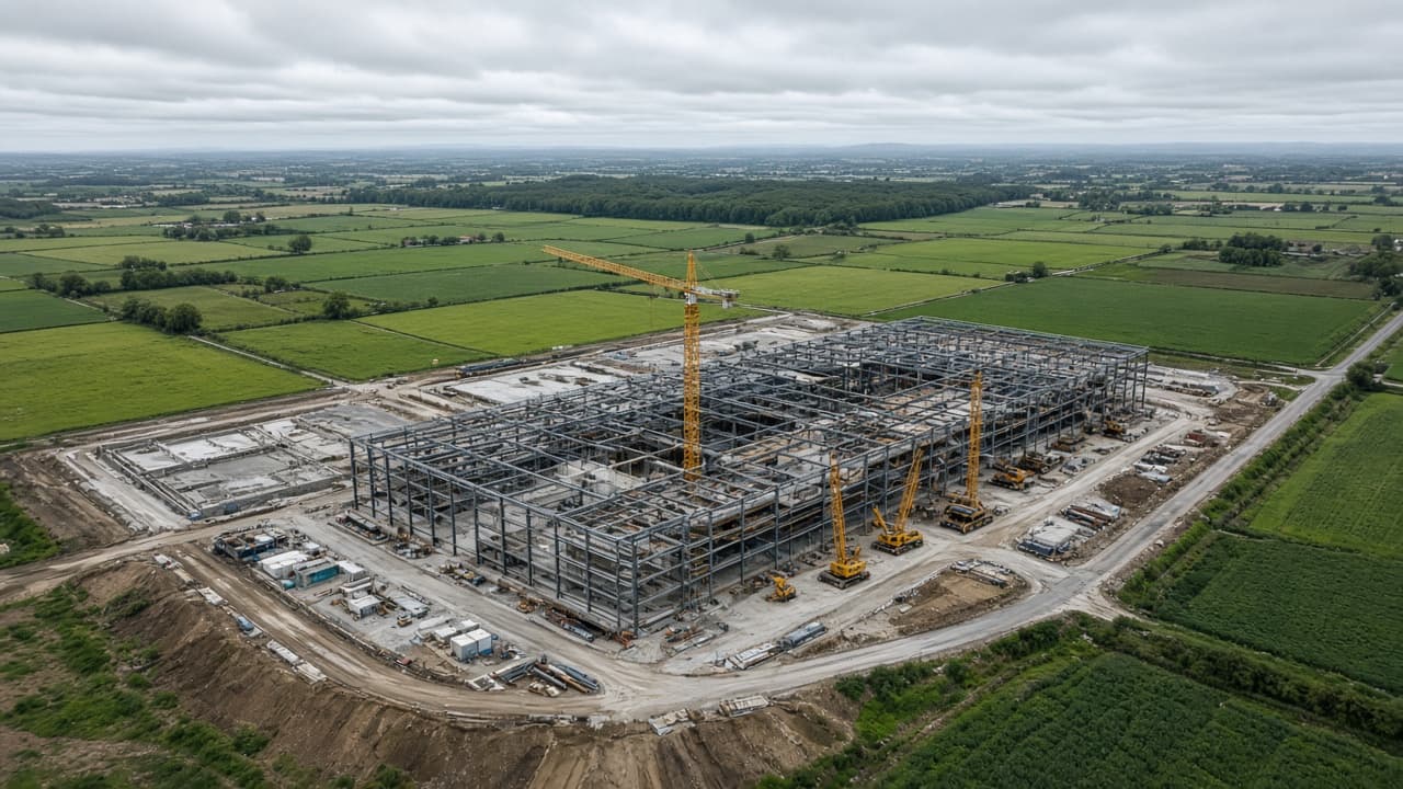 Aerial view of a data center construction site with cranes amid farmland