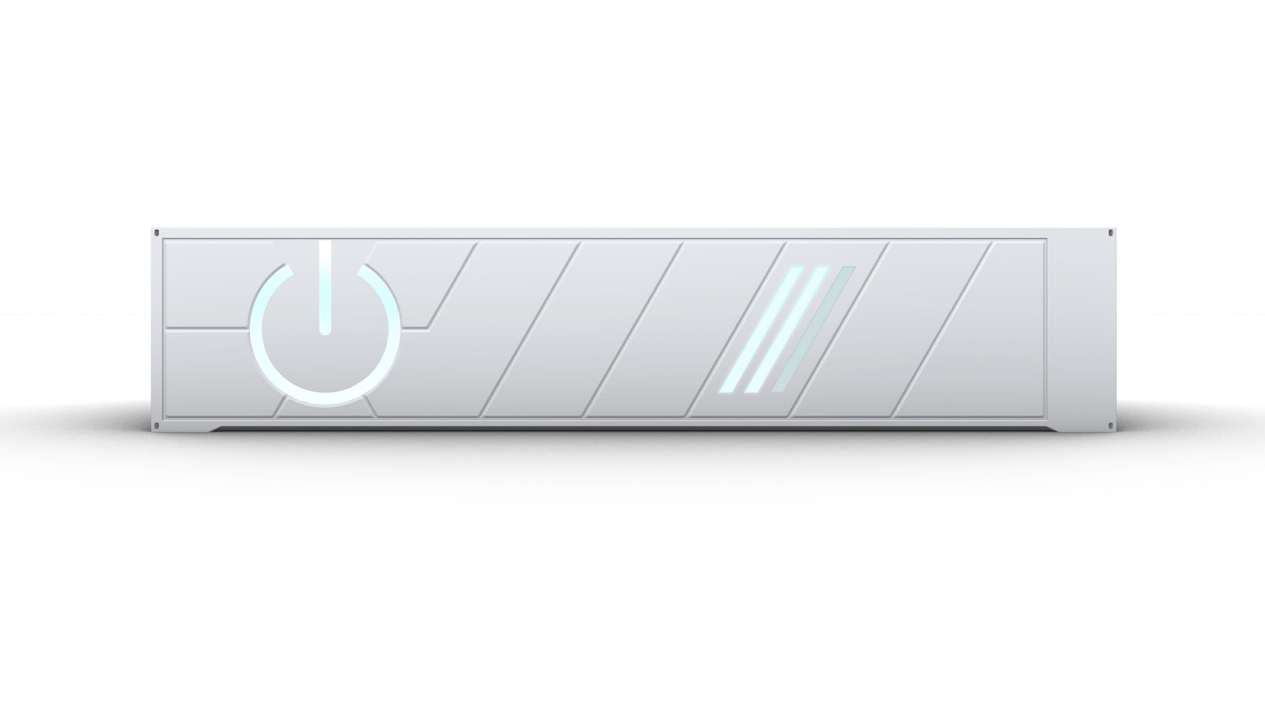 Rendering of a white container-style module with a glowing power symbol, from Emerald Horizon's ADES section