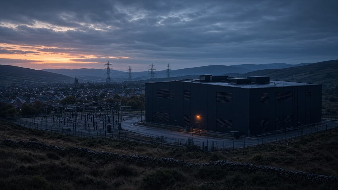 Illustration of an idle data center beside a substation, with transmission pylons on the horizon at dusk.