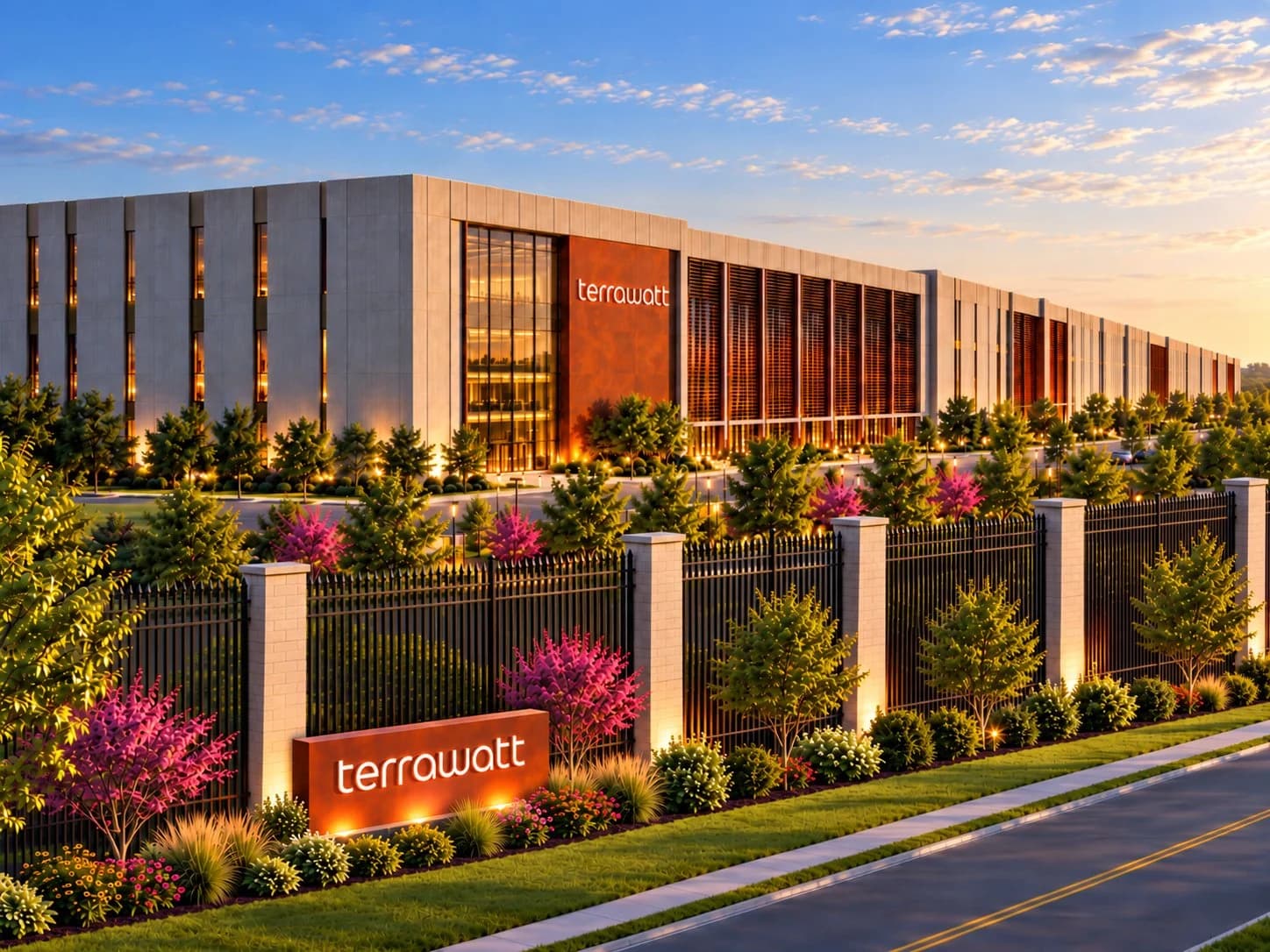Developer rendering of a TerraWatt data center building with the company sign, proposed for the Alton Steel site in Alton, Illinois
