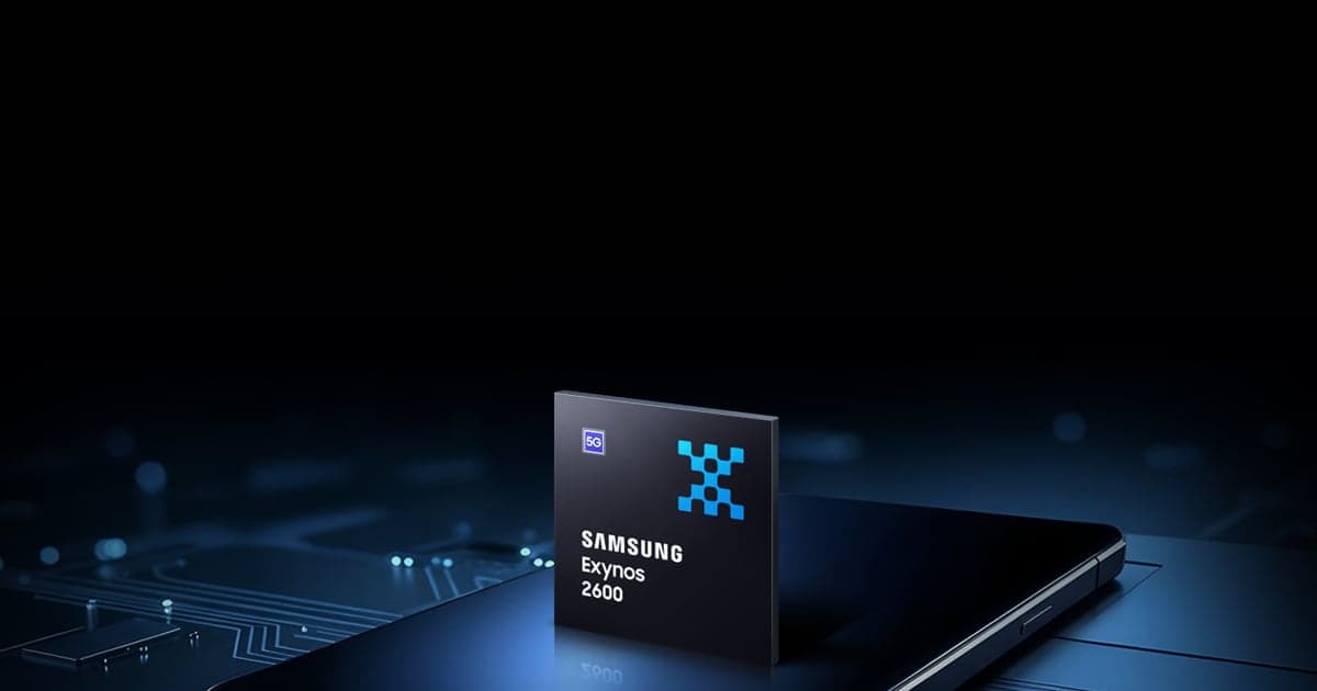 Samsung Exynos 2600 mobile processor chip standing on a smartphone, from Samsung Semiconductor's Exynos page