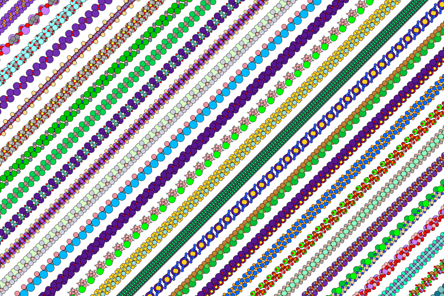 Side views of calculated 2D crystal structures from the HZDR and TU Dresden materials screening, drawn as colored atom chains
