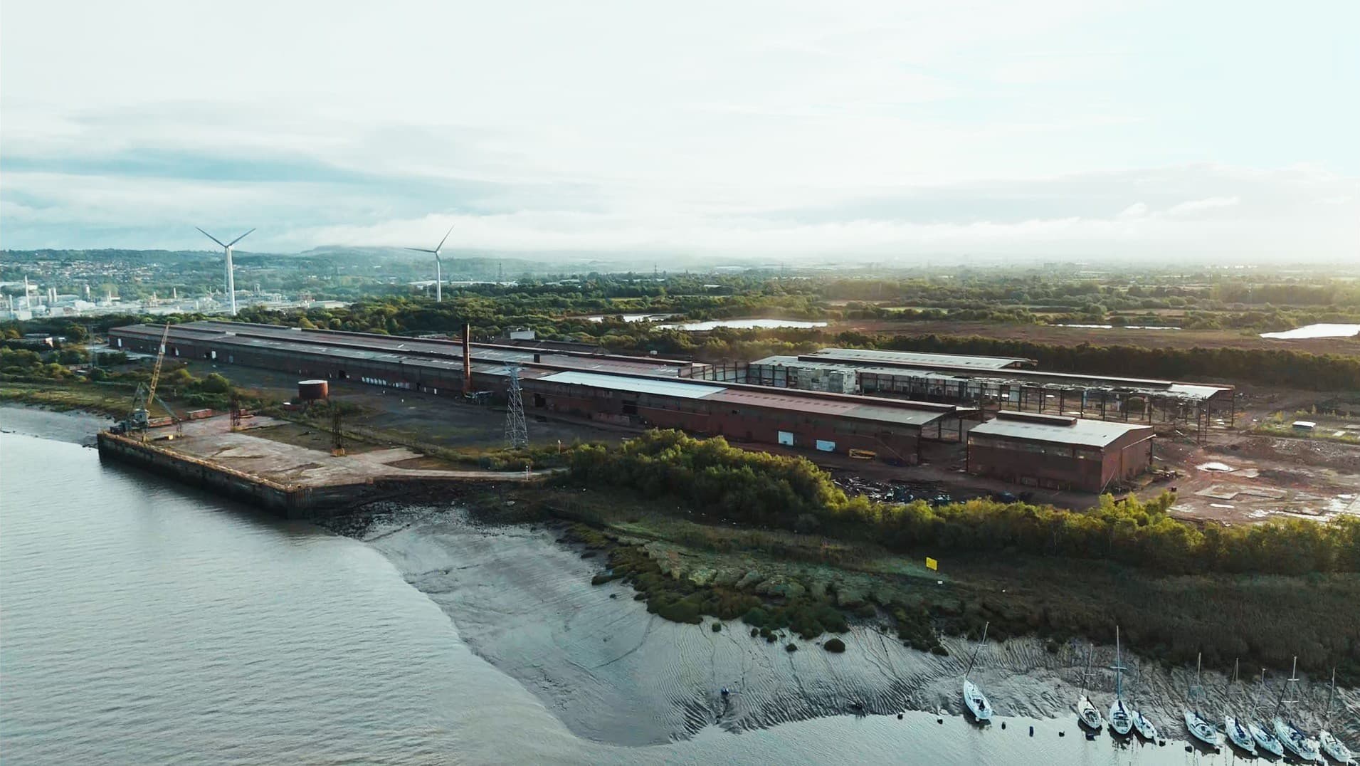 Aerial view of the former steelworks on the Newport waterfront, South Wales, the site of Era4's planned The Mill campus