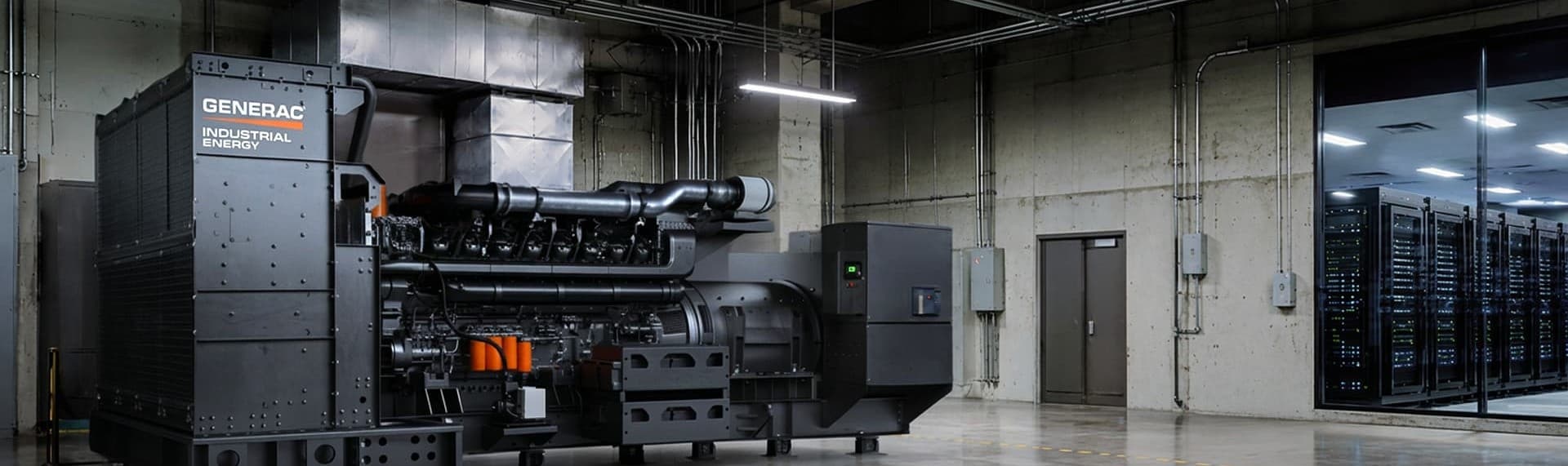Generac Industrial Energy diesel backup generator in a data-center plant room, with server racks visible behind glass