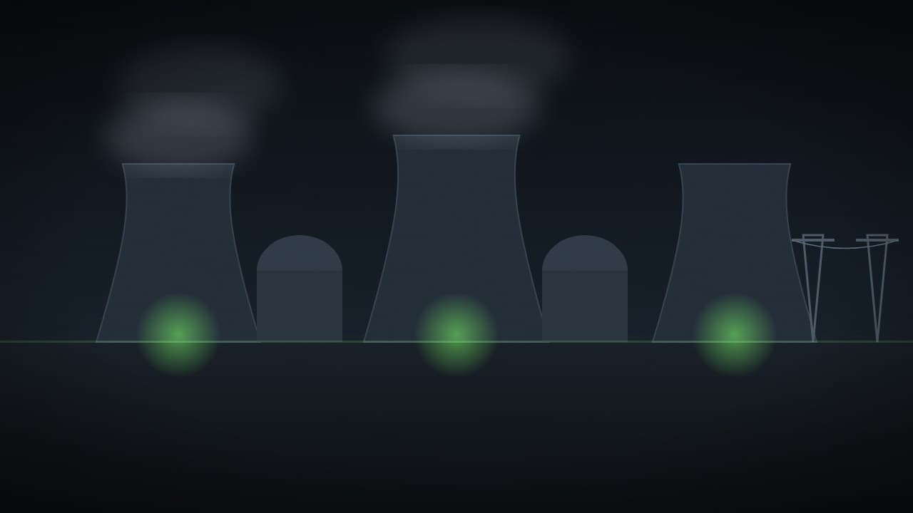 Illustration of three cooling towers and two containment domes at night, with steam rising and transmission pylons at the edge.
