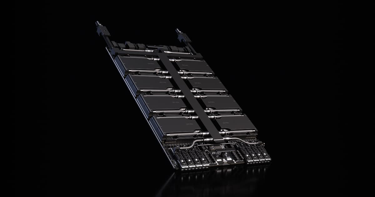 NVIDIA HGX platform board with eight GPU modules and liquid-cooling lines, shown against a black background
