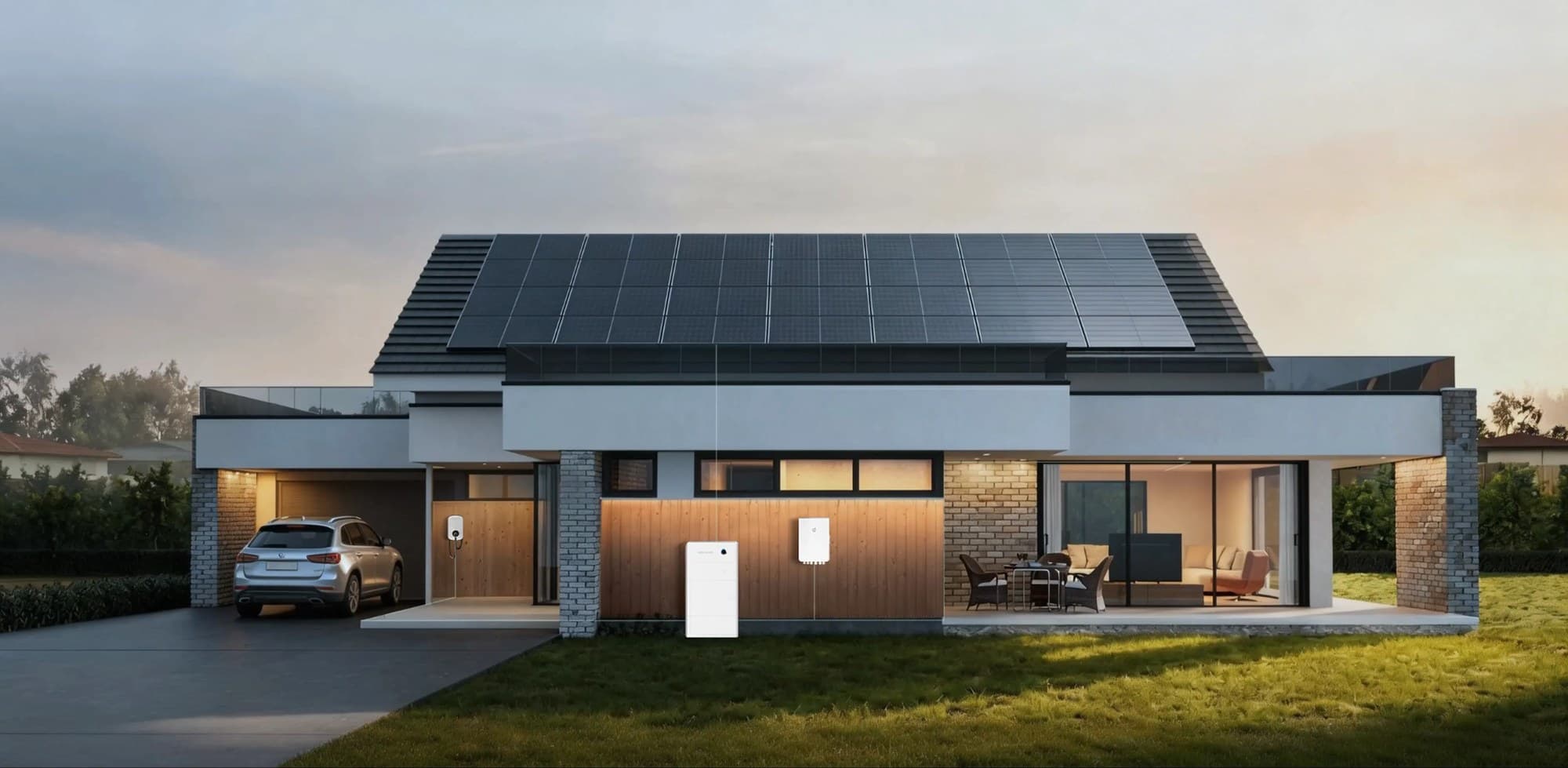 Sigenergy home battery and inverter units on a house wall beneath rooftop solar panels, from the company website