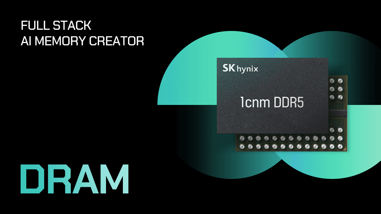 SK hynix DRAM memory chip package on a dark background with teal circles, from the company's newsroom