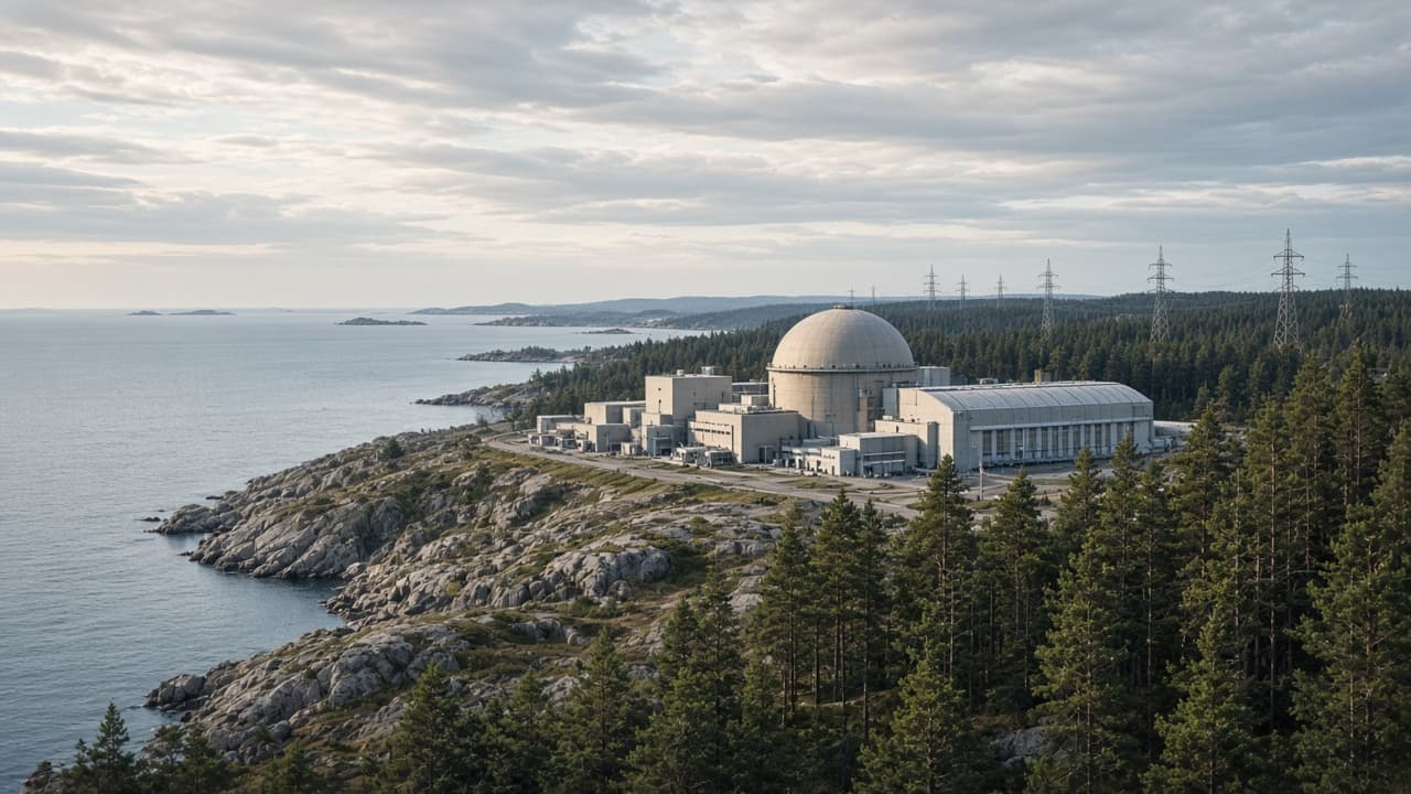 Generic nuclear power plant on a rocky Baltic shoreline among pine forest, with transmission lines leading inland