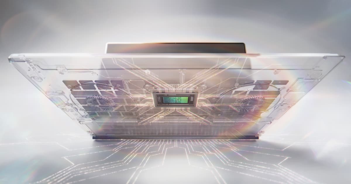 NVIDIA RTX Spark laptop shown from below with a transparent chassis, the chip and two fans in the centre
