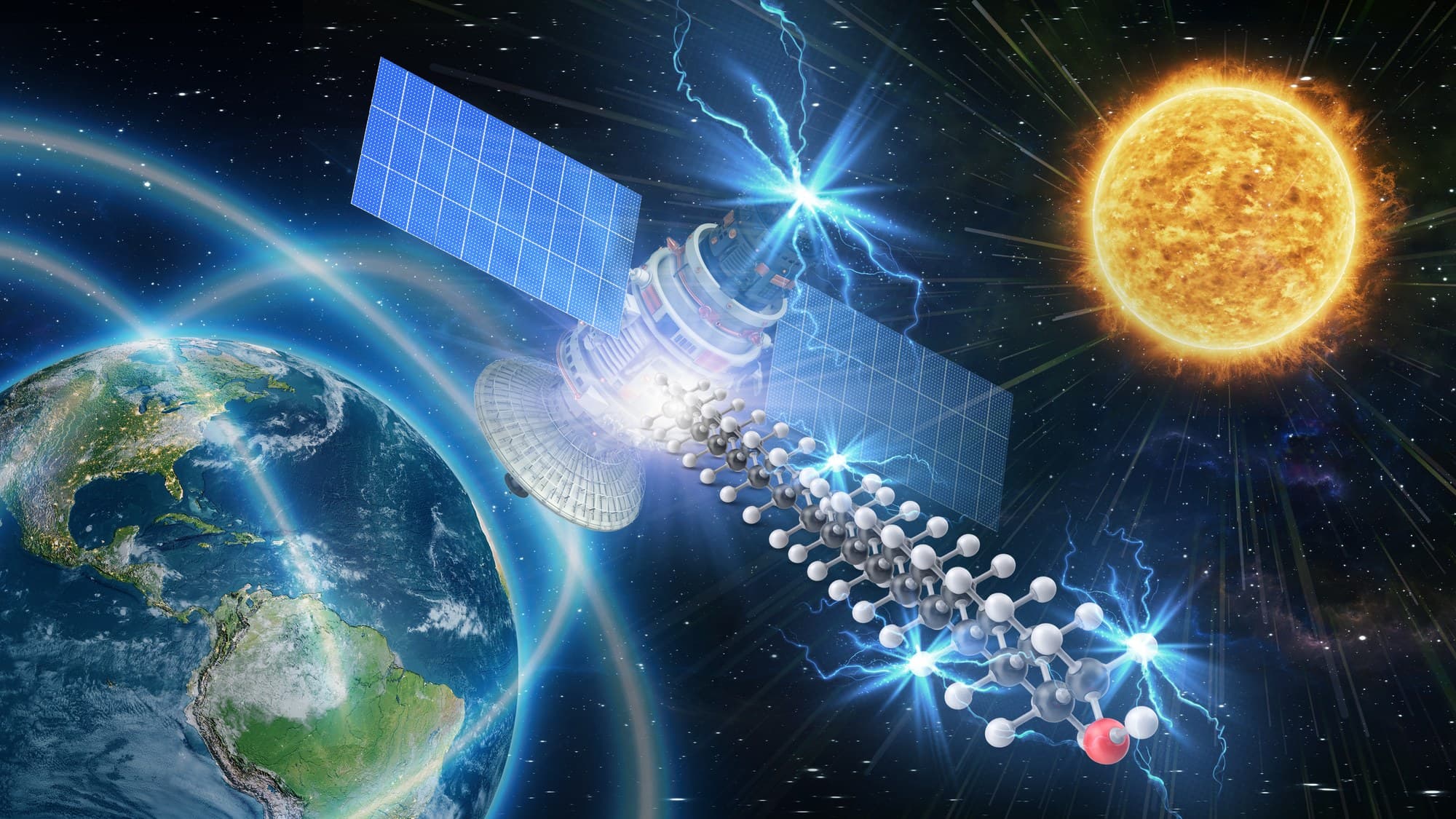 Illustration of a satellite in orbit above Earth, struck by energetic particles, with a molecular model in the foreground