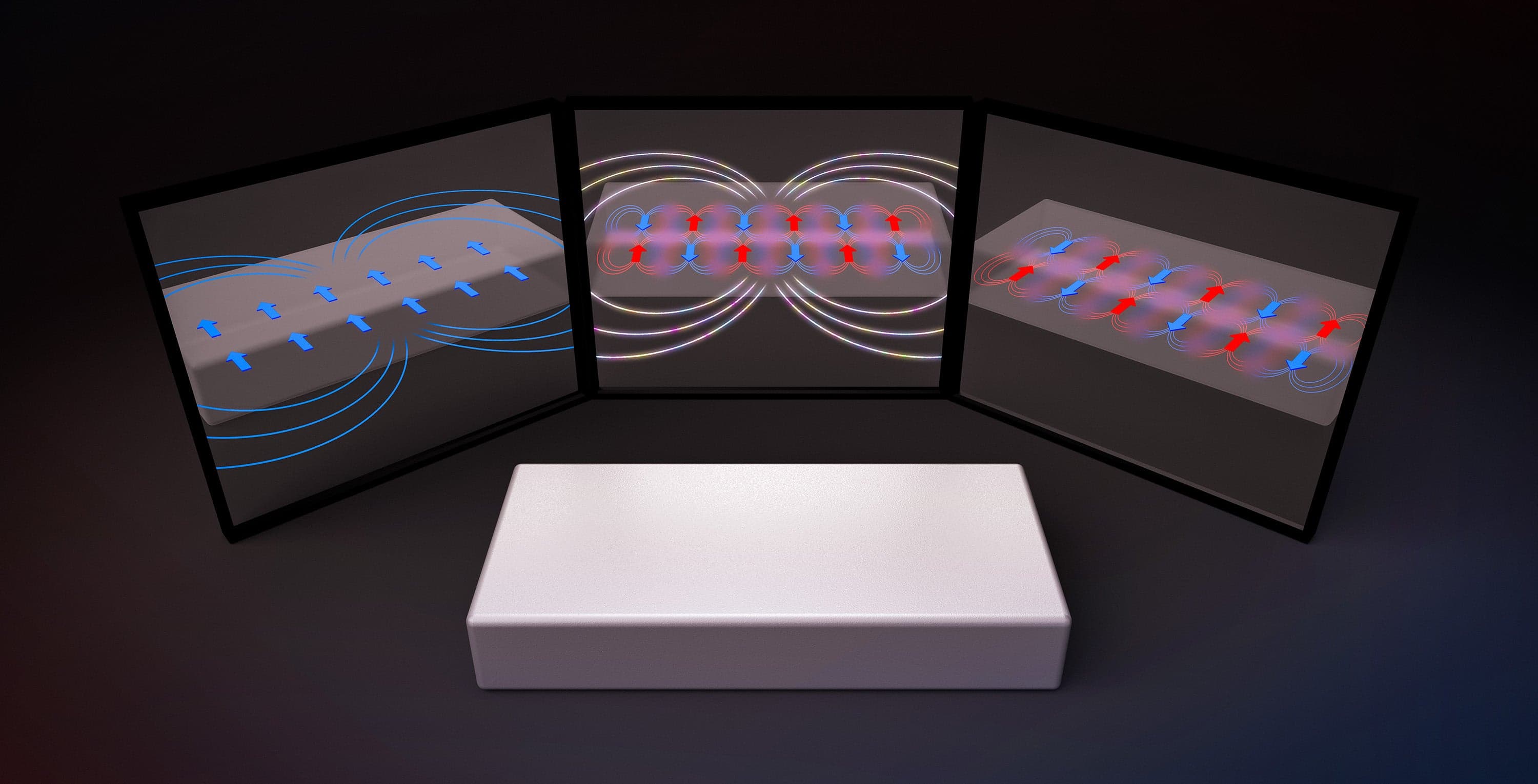 SLAC graphic of three mirrors showing ferromagnetism, altermagnetism and antiferromagnetism as arrows of electron spin on a slab