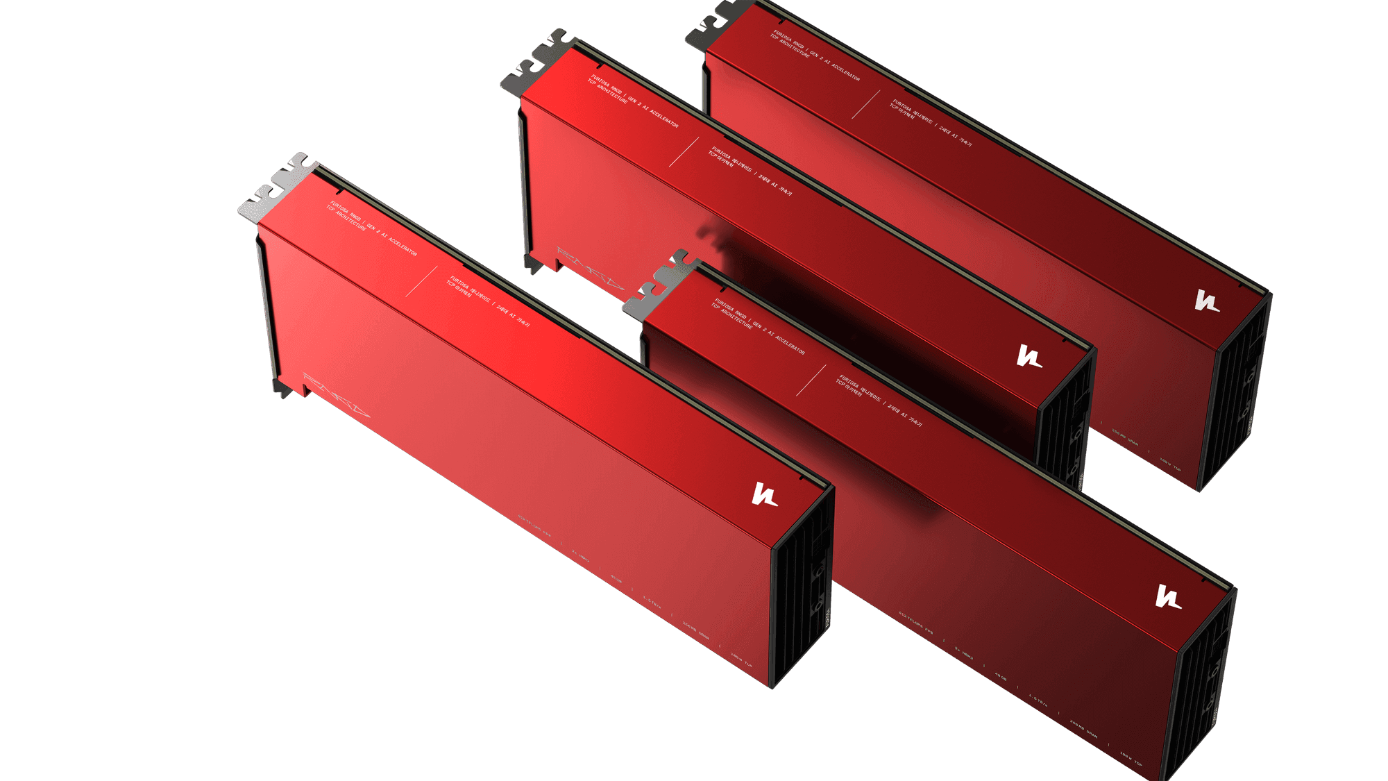 Four red FuriosaAI RNGD accelerator cards with black heatsink ends, shown at an angle on a white background
